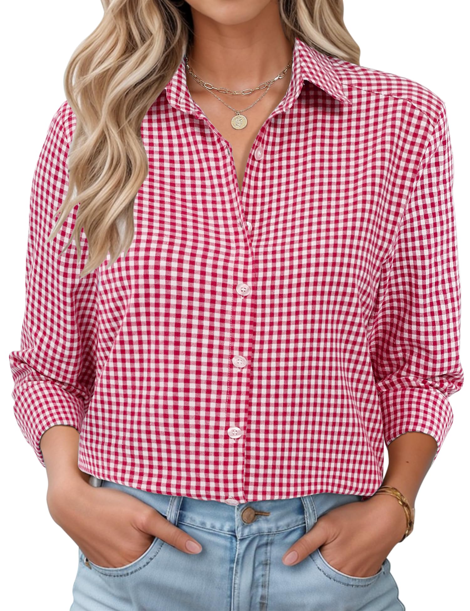 Rapbin Bluse Damen Lässig Langarm Hemd V-Ausschnitt Shirts Tunika Lockere Business Top Elegant Oberteil mit Knopfleiste
