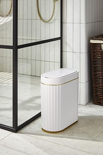 Miniatura 2 de ELPHECO Bote de basura automático con sensor de movimiento, 2 galones, delgado, para baño, dormitorio, cocina, oficina, color blanco con ribete