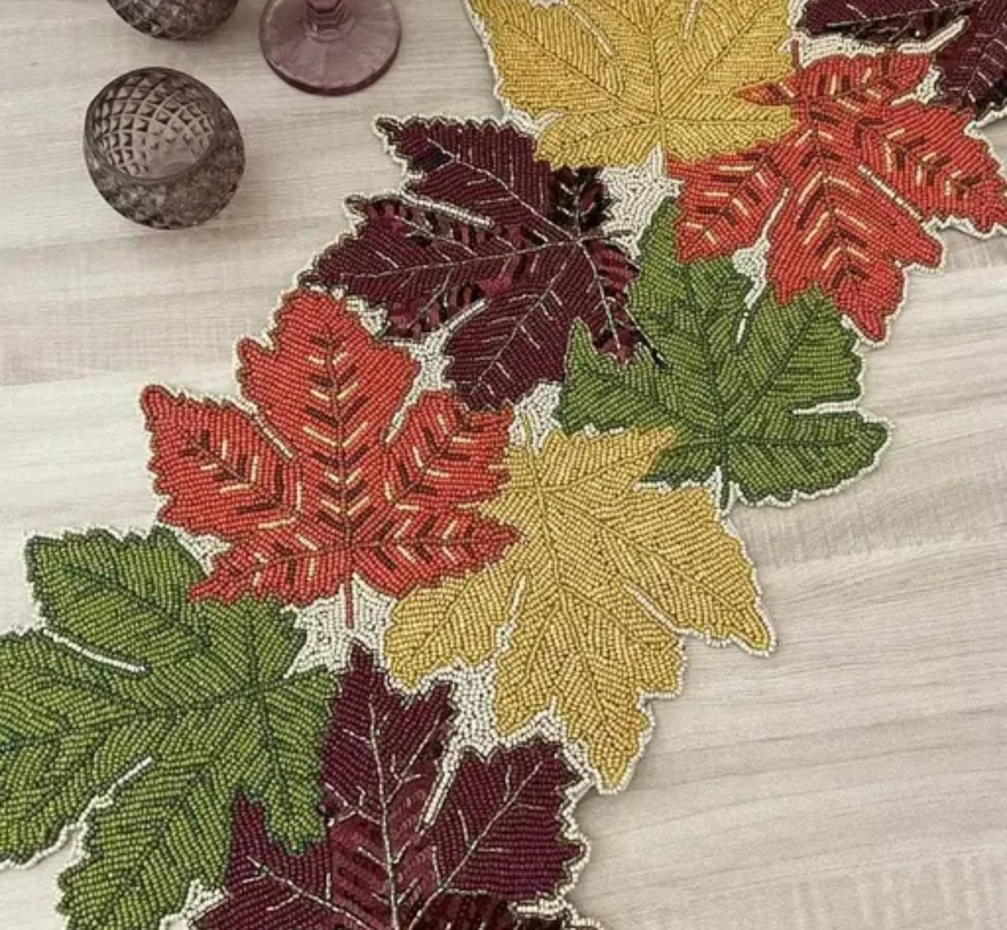 Beaded Autumn Leaves Table Runner, Fall Harvest Colors, Decorative Placemat with Leaf Design