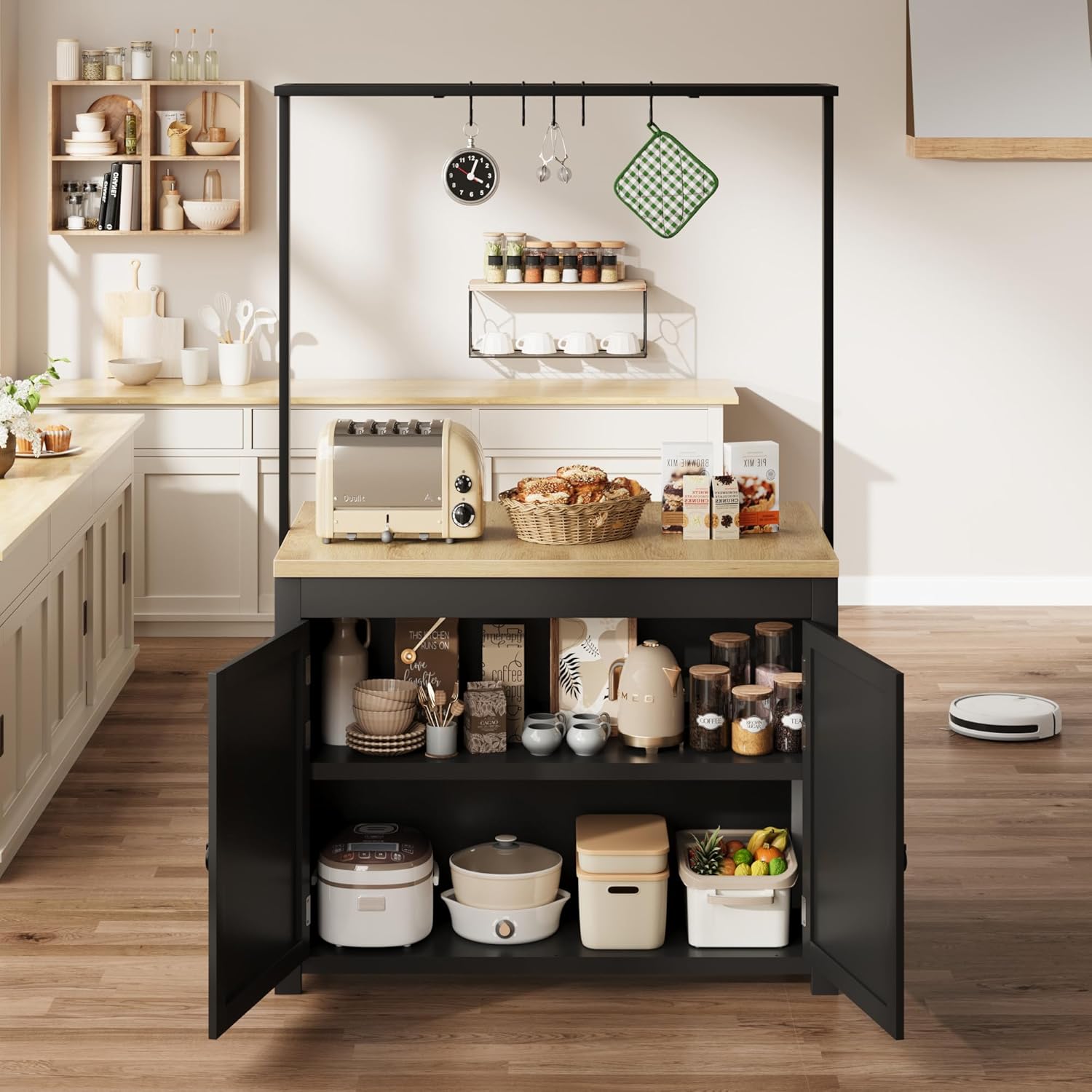 42" Heavy-Duty Kitchen Island with 30mm Countertop - Multi-Functional Storage Cart with 3-Tier Shelves, 5 Hooks & 400lb Capacity (Black & Natural)