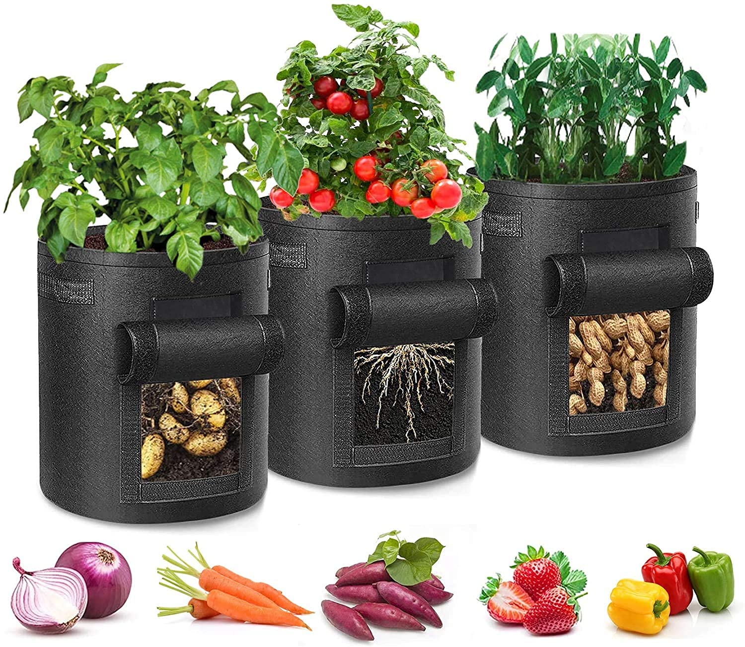 3 Pack Vegetable Grow Bags, Gardening Plant Growing Bags Breathable Non-woven Fabric Plant Pots with Handles Indoor & Outdoor Grow Containers for Vegetable/Flower/Plant/Fruits, 7 Gallon(Black)