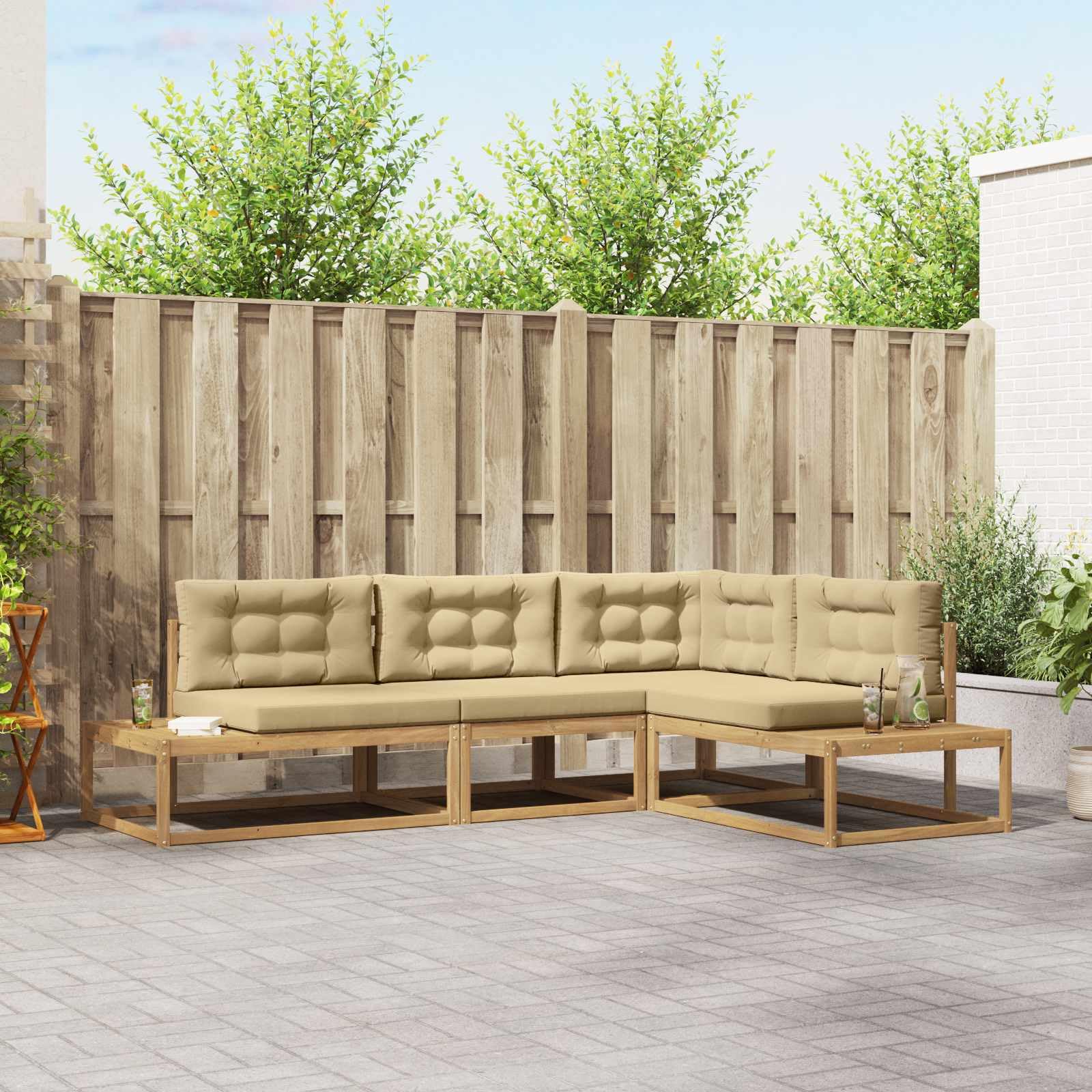 Ensemble de canapés d extérieur Blanc en Polyester et Bois d Acacia Massif, 277,5 x 198,5 x 73 cm, modulable sectionnel Angle pour terrasse Jardin, Assise et Coussins Inclus