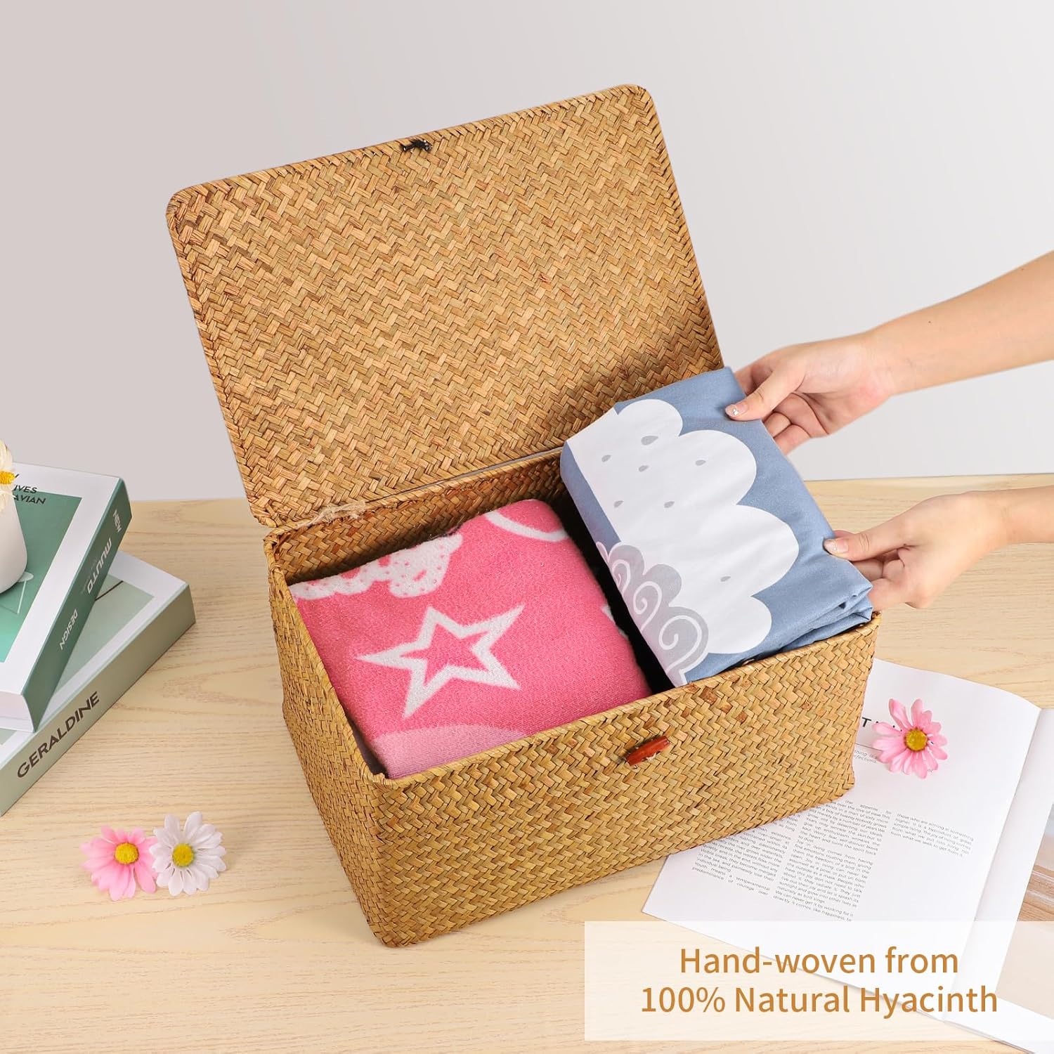 FEILANDUO Wicker Shelf Basket with Lids, Seagrass Storage Baskets Bins Rectangular Woven Baskets Boxes for Organizing Multipurpose Container Boho Home Decor Set of 3