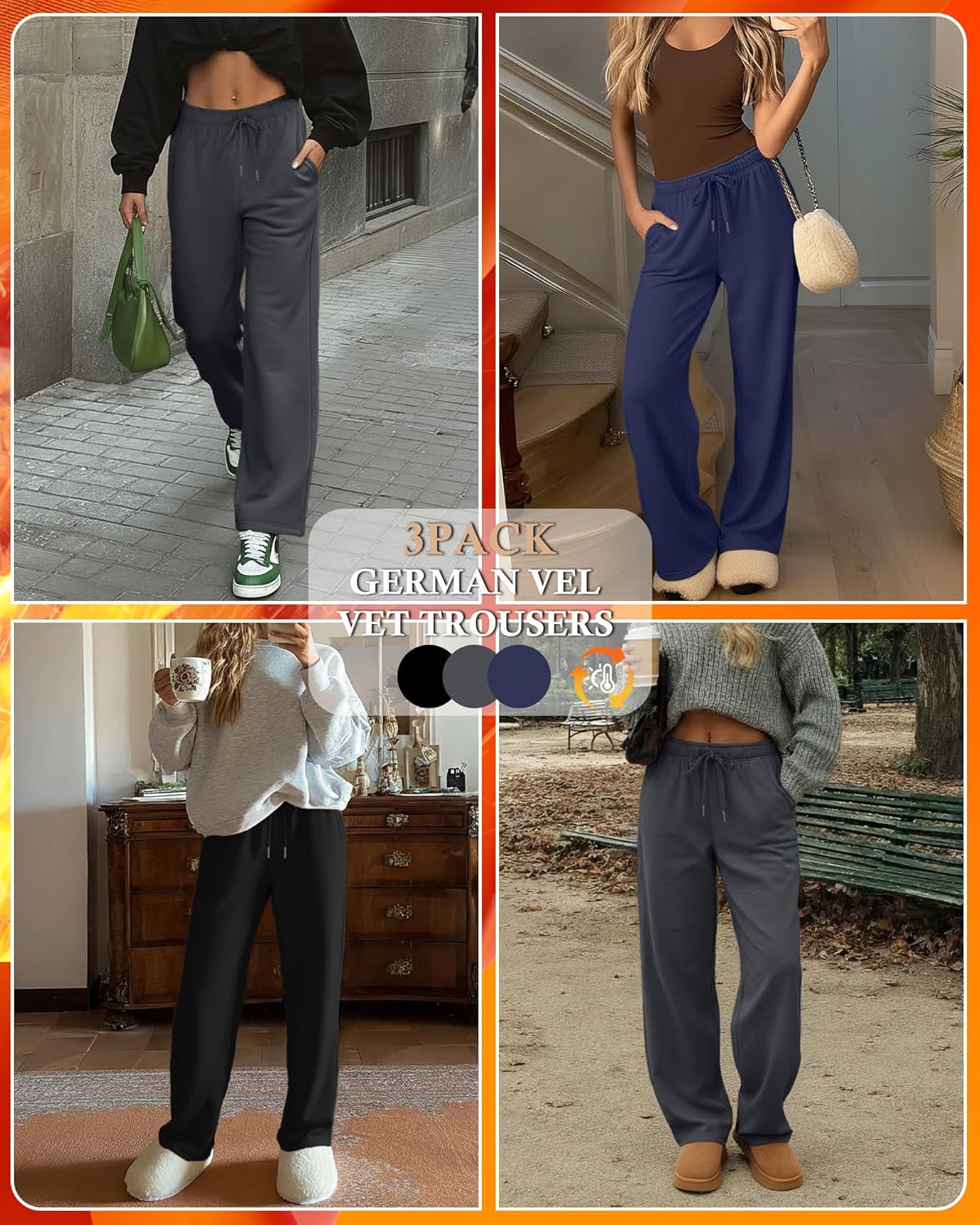 3 Pack Women's Fleece Wide Leg Sweatpants Thermal Baggy Athletic Pants Drawstring Lounge Pants with Pockets - Image 4