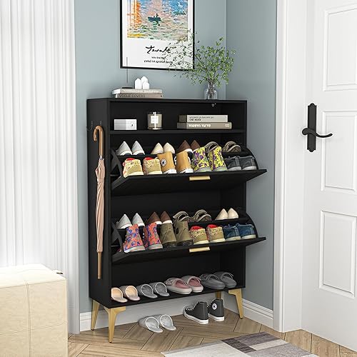 Miniatura 8 de Rumiiro Zapatero con 2 cajones abatibles, almacenamiento de zapatos independiente con patas de metal, moderno organizador de zapatos con estante