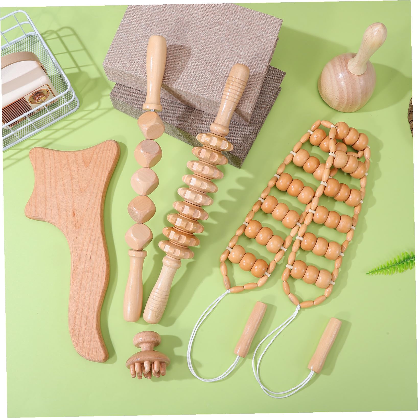 Kit de Maderoterapia de 6 Piezas Rodillo Masajeador Anticelulitis, Masajeador de Madera y Copas de Masaje para Aliviar Fatiga y Uso en Oficina