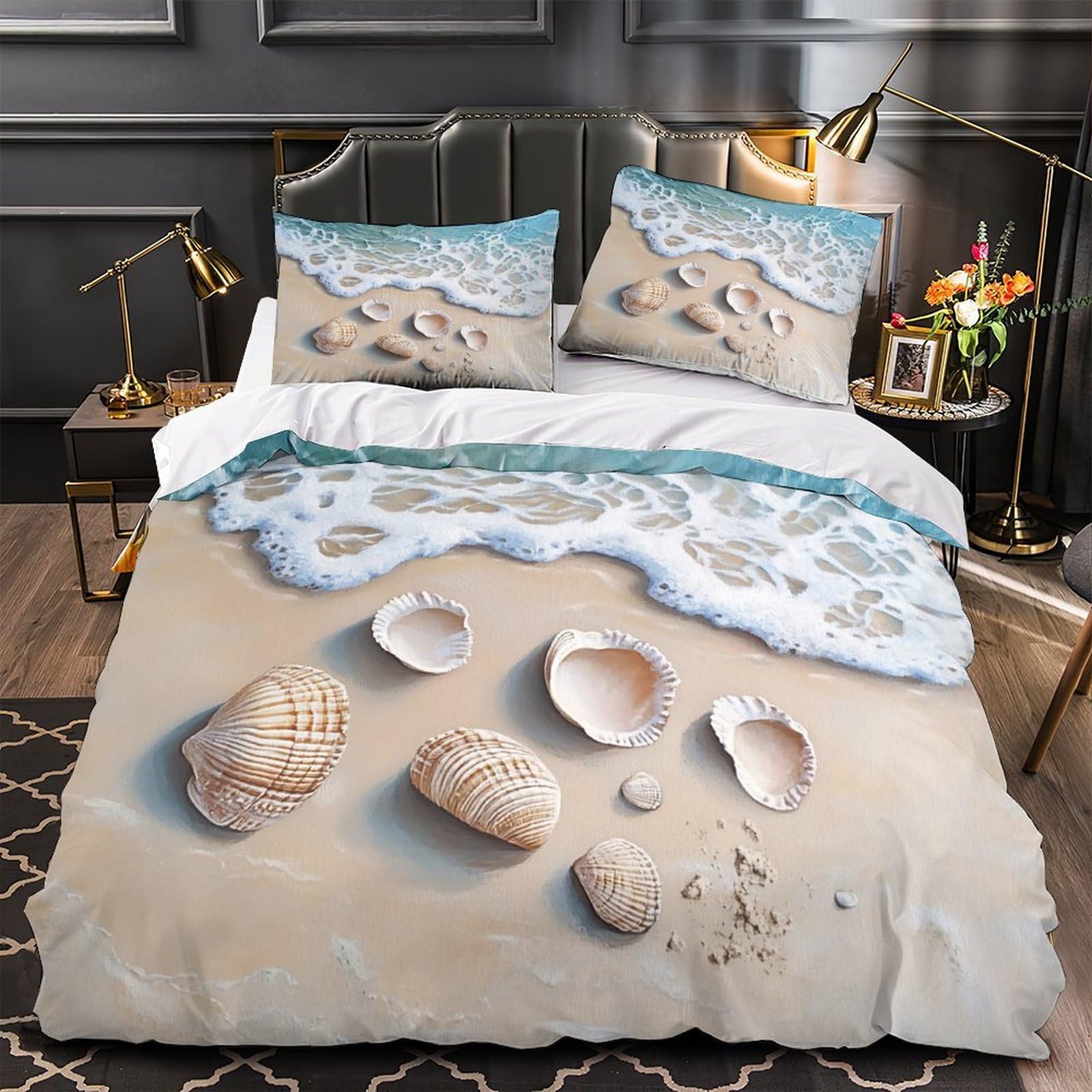 Parure de lit coquillages en microfibre 140x200 cm avec housse de couette ado