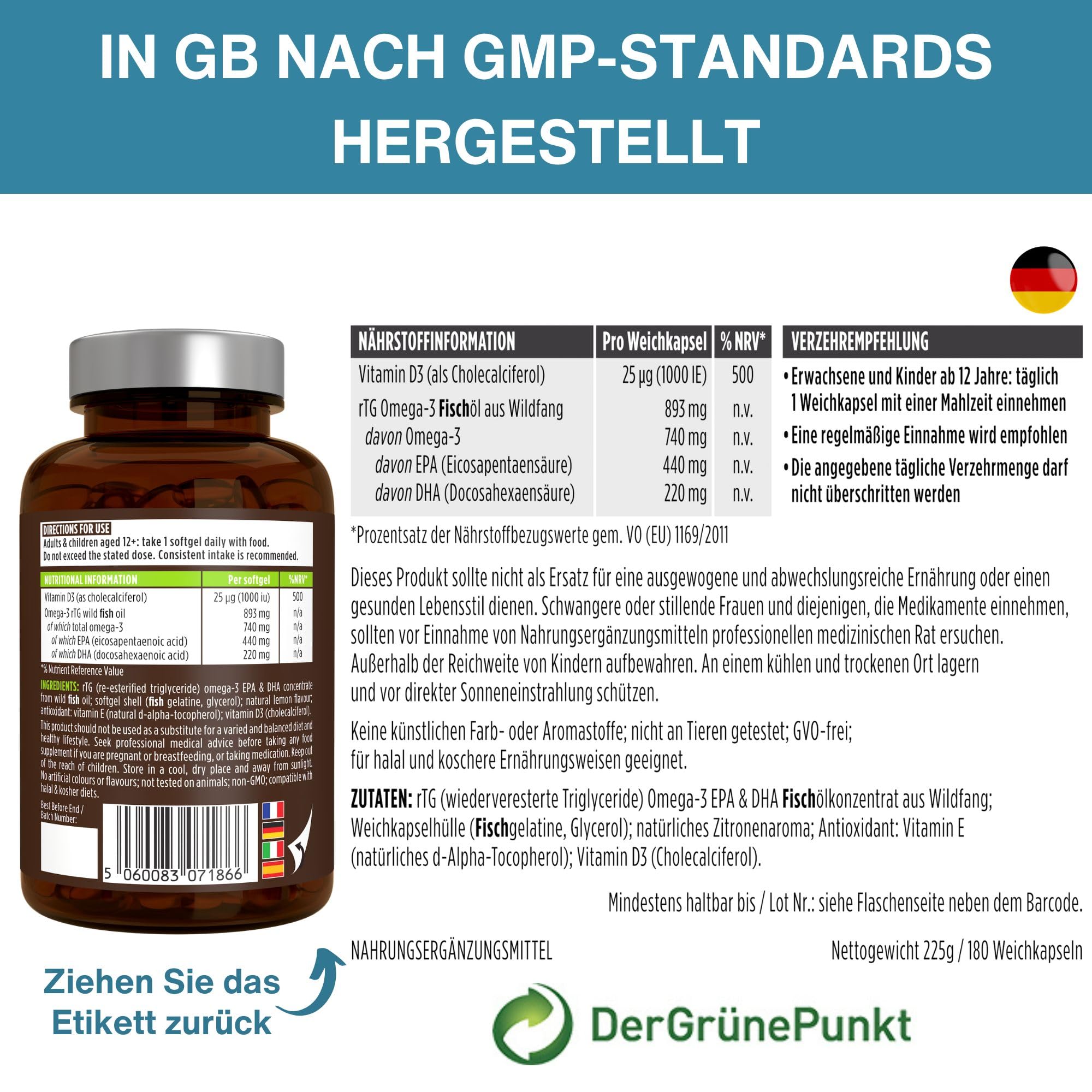 Igennus Hochwertigstes Omega-3 Wildfischöl + D3, rTG Triglycerid form 893mg | EPA & DHA 660mg, IFOS Zertifiziert, 180 Portionen, 1x täglich, frei von Umweltgiften, Zitronengeschmack