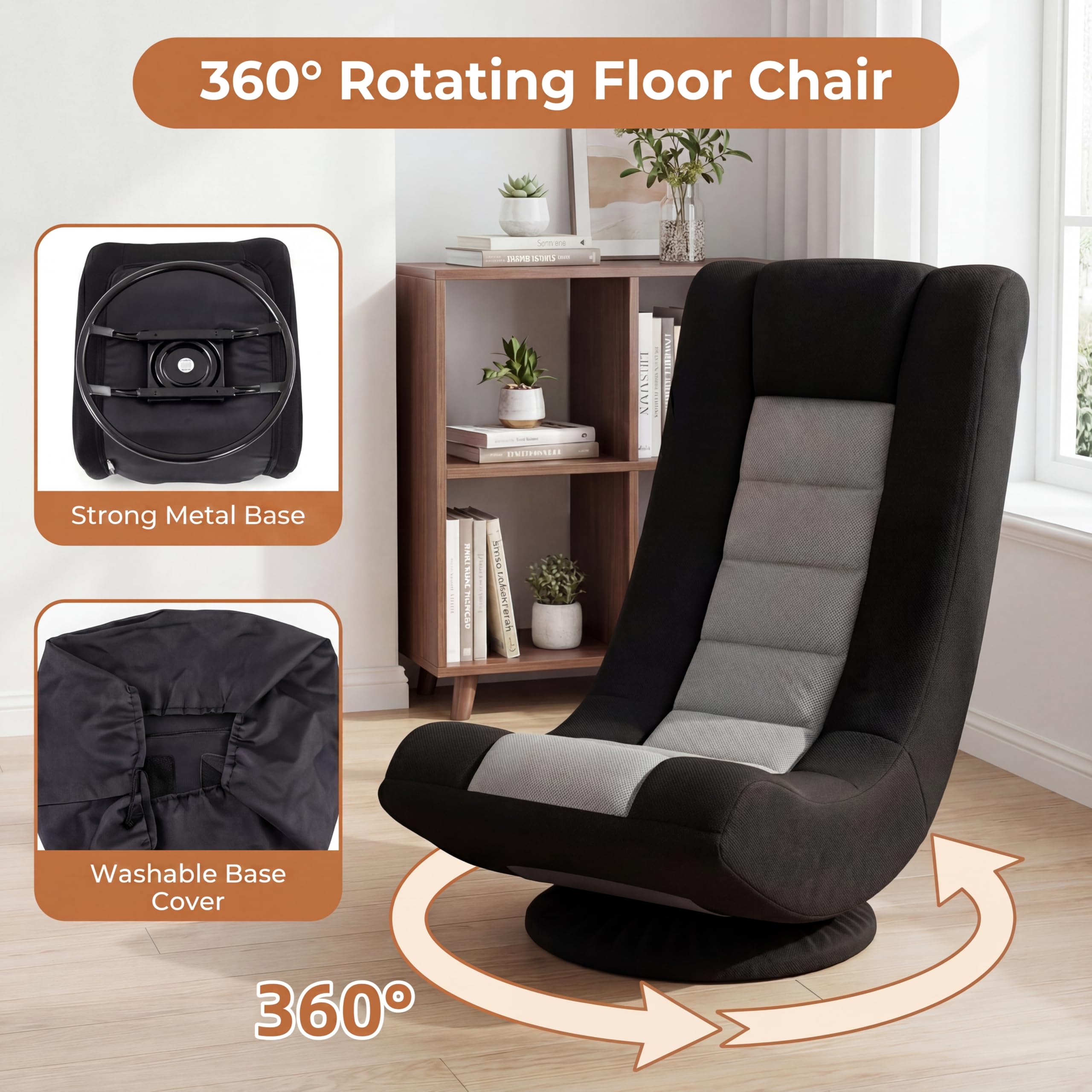 RELAX4LIFE Bodensessel Klappbar, Bodenstuhl mit 4-Fach Verstellbarer Rückenlehne, 360° drehbarem Sockel & Nackenpolster, Meditationsstuhl gepolstert, Gamingsessel Relaxsessel für Wohnzimmer (Grau)