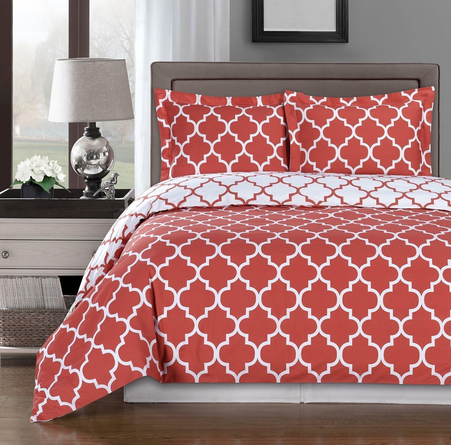 Royal Hotel Bedding Coral and White Meridian 4 Piece Full/Queen Comforter Set 100% Cotton 300 Thread Count