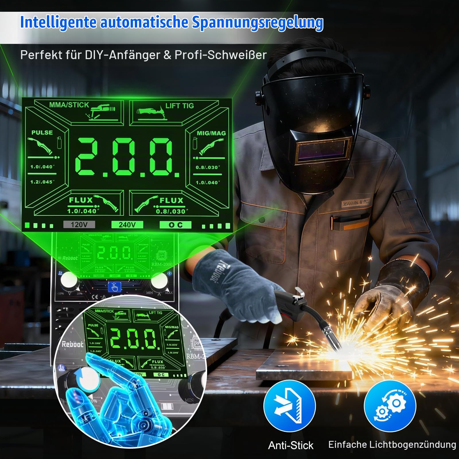 Reboot Schweißgerät 200A 5-in-1 Synergic MIG/MAG Aluminium-Upgrade (Spool-Gun) – Gas/Gaslos, TIG, Stick, Punkt – 240V tragbar mit LED Display für Heimwerker & Baustelle RBM2000G