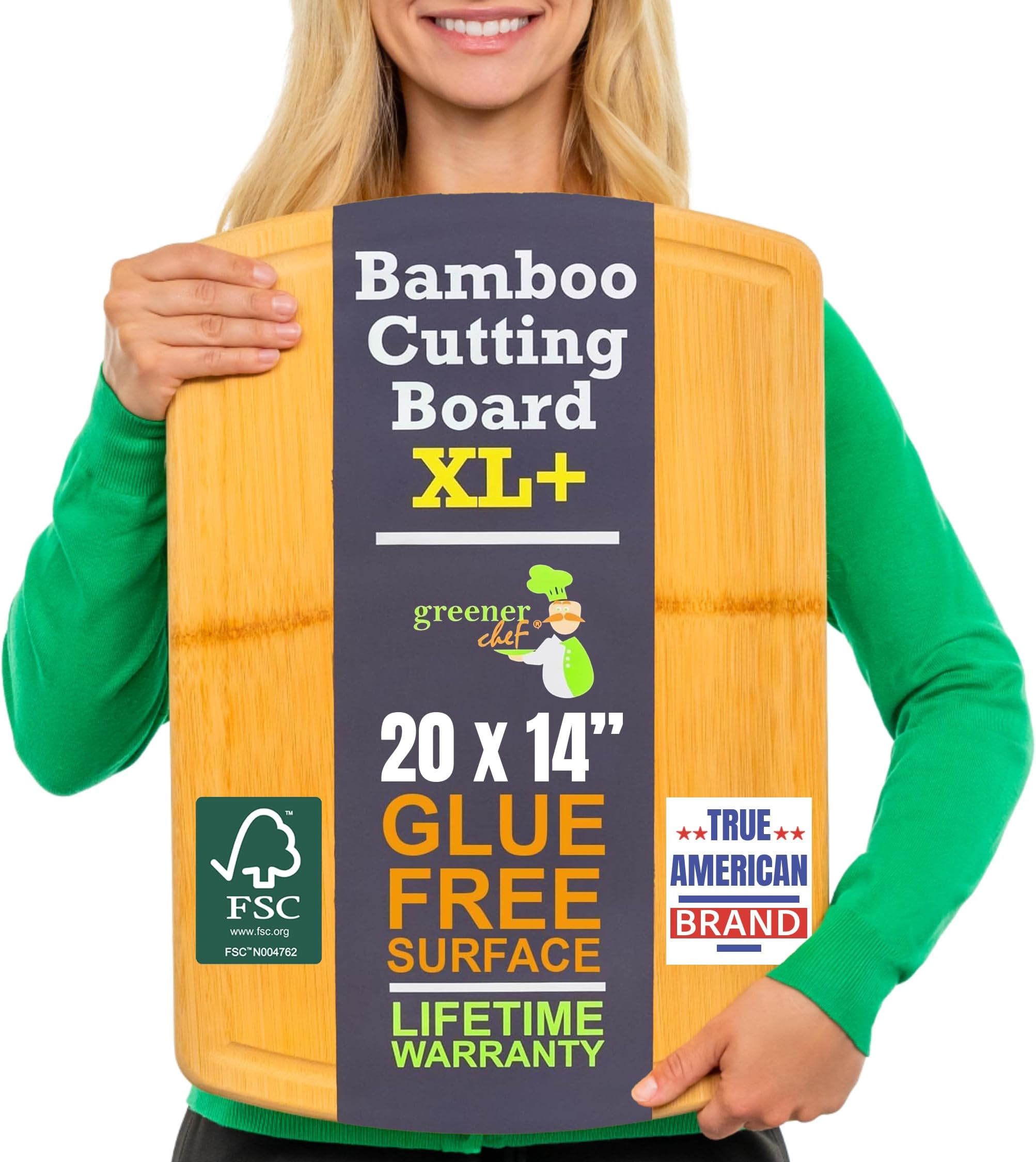 Greener Chef 20 Inch Bamboo Cutting Board Featuring Super-Sized Glue-Free Surface™ – Heavy Duty Butcher Block for Safe Meal Prep, Chopping & Carving with Lifetime Replacements