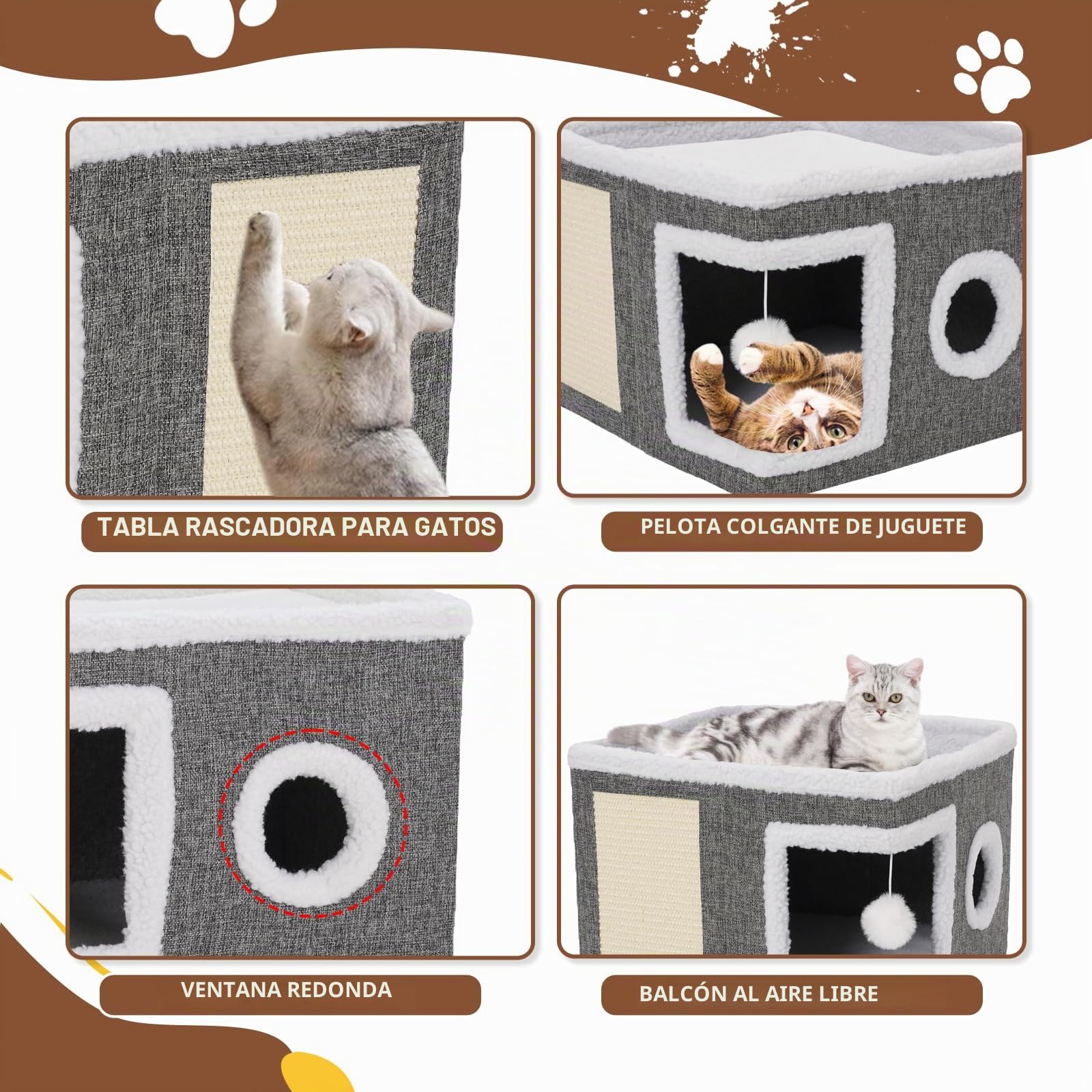 Casa Plegable para Gatos,40 x 40 x 31cm Casa para Gatos para Interiores,Capas para Gatos Pequeños y Medianos,con Celota de Peluche, Rascador para Gatos y Agujero para Gatos