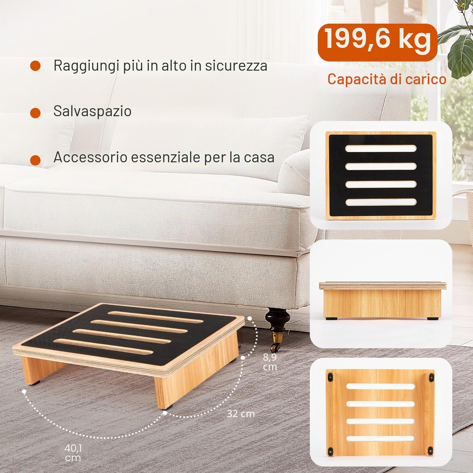 StrongTek Sgabello One Step per adulti con superficie antiscivolo in gomma per gradini e scalini portatili in legno, 199.6 kg, bagno o comodino, supporto per bambini e anziani (naturale)