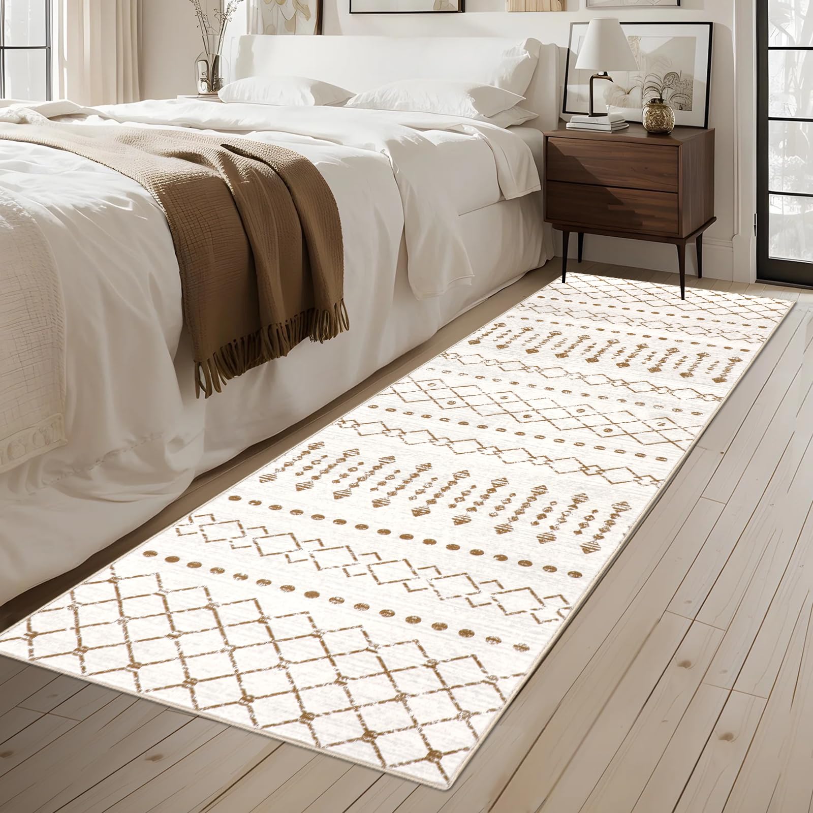 Homcomodar Loper Tapijt Wasbaar 65x180cm Grijs Beige Bende Kortpolig