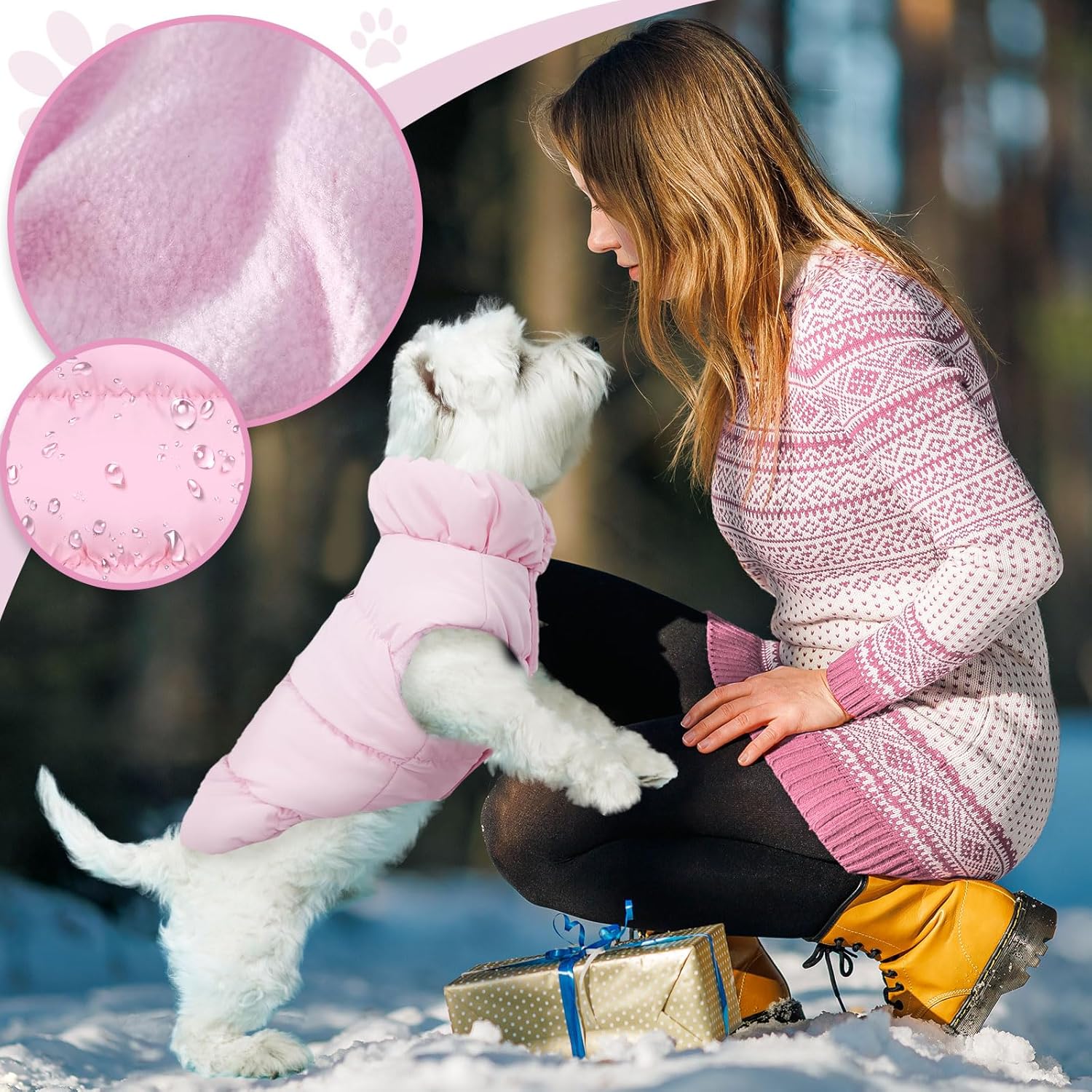 Winter Warm Dog Jacket for Small Medium Dogs Cat Cold Weather Coats with Harness Paded Dogs Fleece Vest Waterproof Windproof Dog Snow Jacket Pet Puppy Clothes (Pink,S) - Image 3