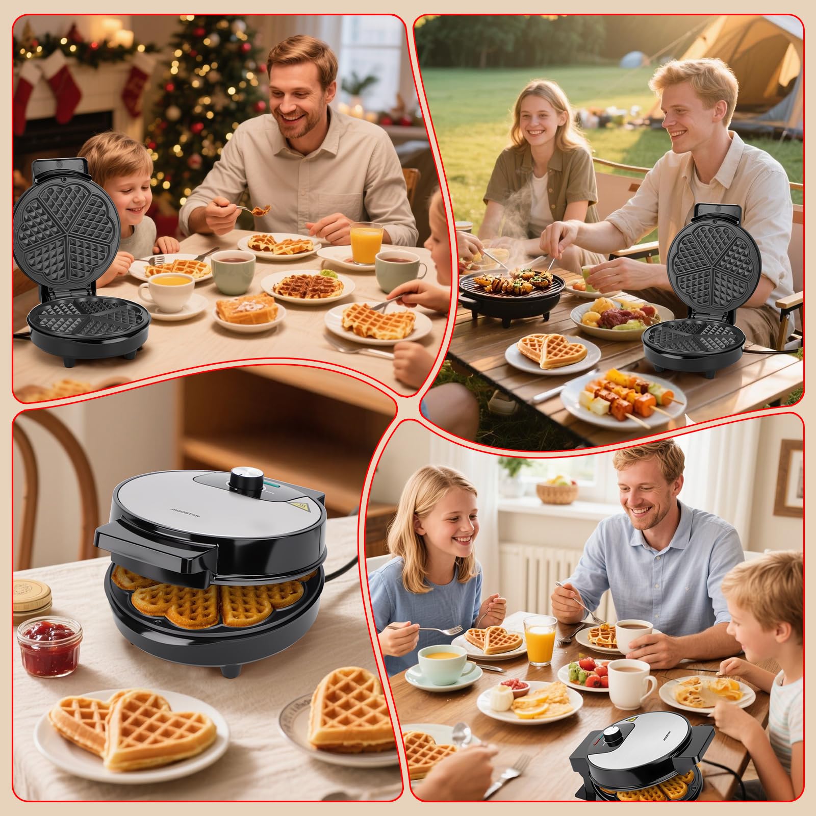 Aigostar Macchina per Waffle a 5 Cuori, 1000W, Piastre Antiaderenti da 19 cm, Cottura Regolabile, Indicatore LED, Maniglie Antiscottatura, Design Compatto in Acciaio Inossidabile, BPA FREE, Crunchy
