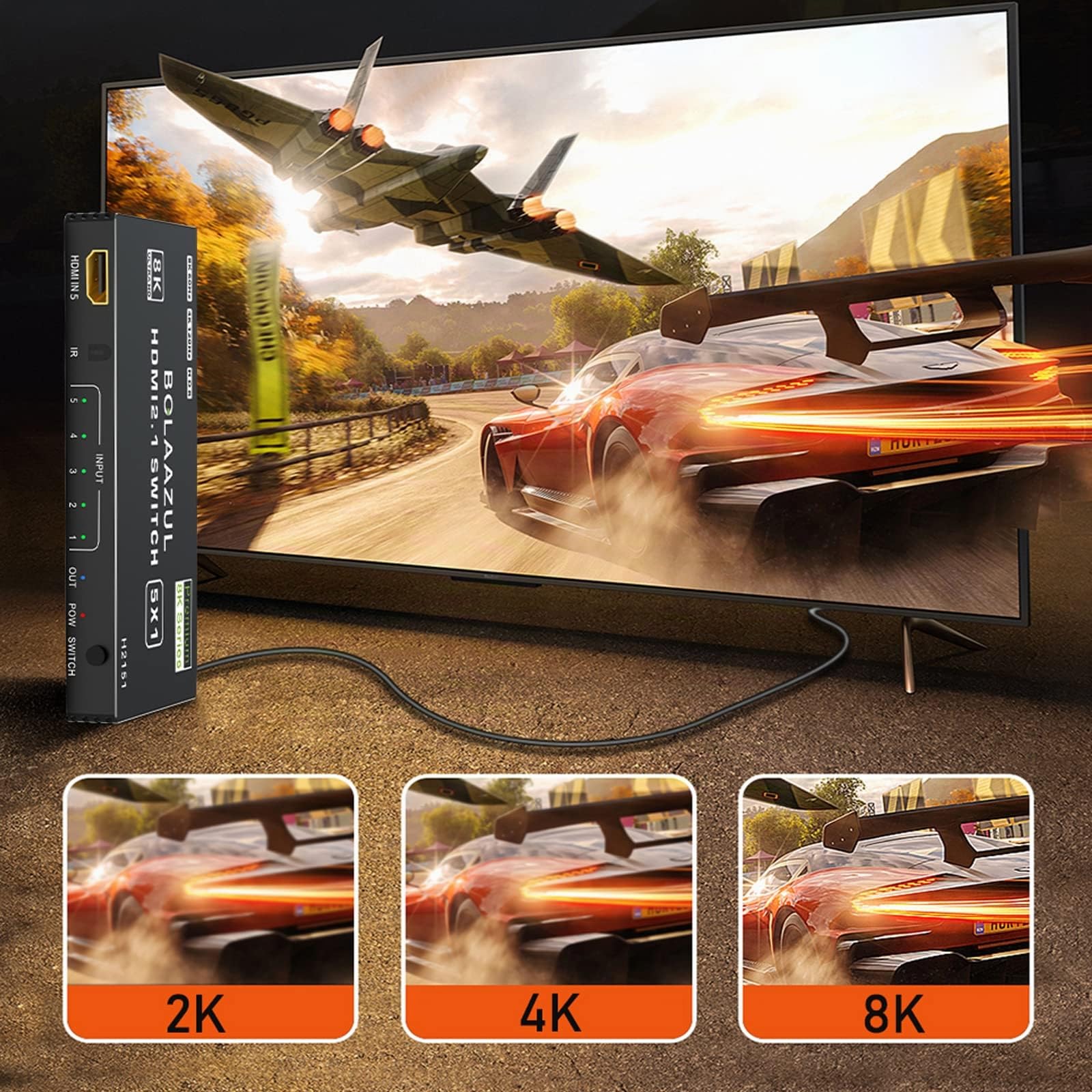 BolAAzuL Switch HDMI 4K 120Hz 5 Entrées 1 Sortie Commutateur HDMI 2.1 5x1 8K 60Hz/2K 144Hz Multiprise Multi Switcher avec IR Télécommande, Multi-Ports Switch Hub HDM I HDR, pour TV/Xbox Series X/PS5