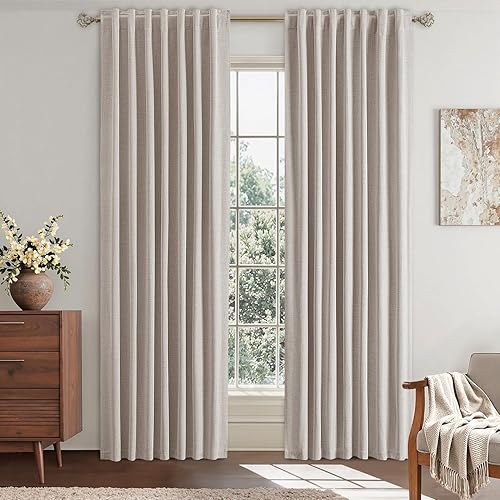 Miniatura 10 de EMEMA - Cortinas de lino beige opacas de 96 pulgadas de largo, juego de 2 paneles para dormitorio, sala de estar, con aislamiento térmico, 100%