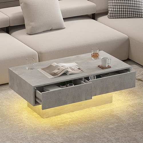Miniatura 6 de Mesa de centro LED con 2 cajones de almacenamiento para sala de estar, mesa central moderna de cóctel, mesas de té, mesa de centro rectangular de