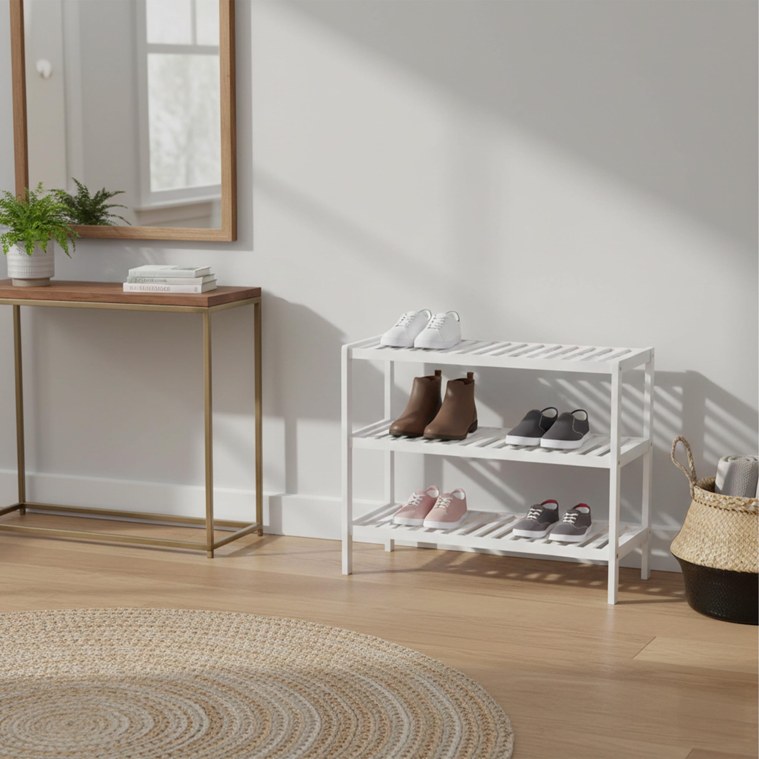Étagère à Chaussures Relaxdays, 3 Niveaux (9 Paires), H x L x P : 54,5 x 70 x 24,5 cm, tablettes ajourées, Bambou, Blanc