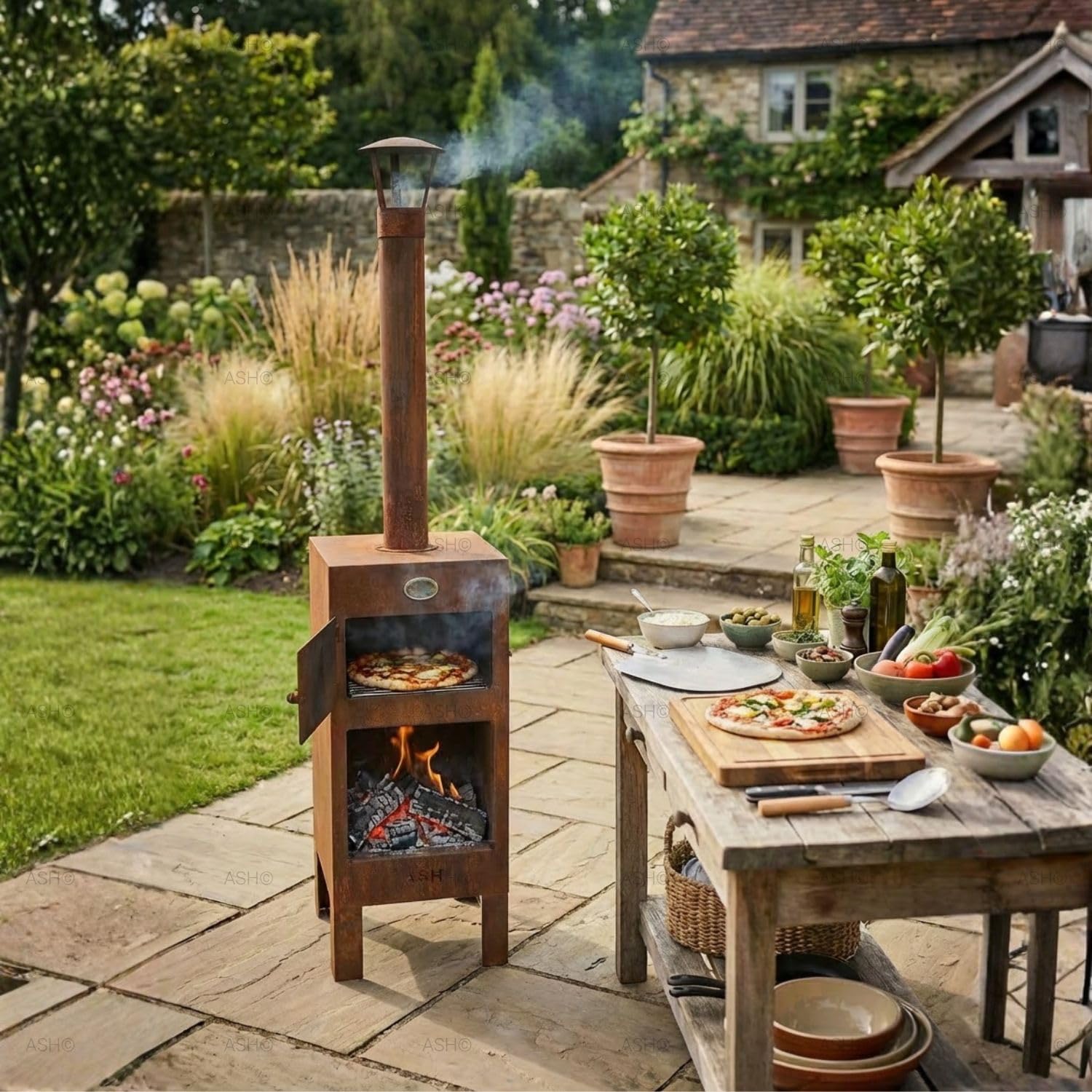 Pizzaofen Garten - Pizzaofen - Pizzaofen - Cortenstahl - inkl. Thermometer - ASH Pizzaofen