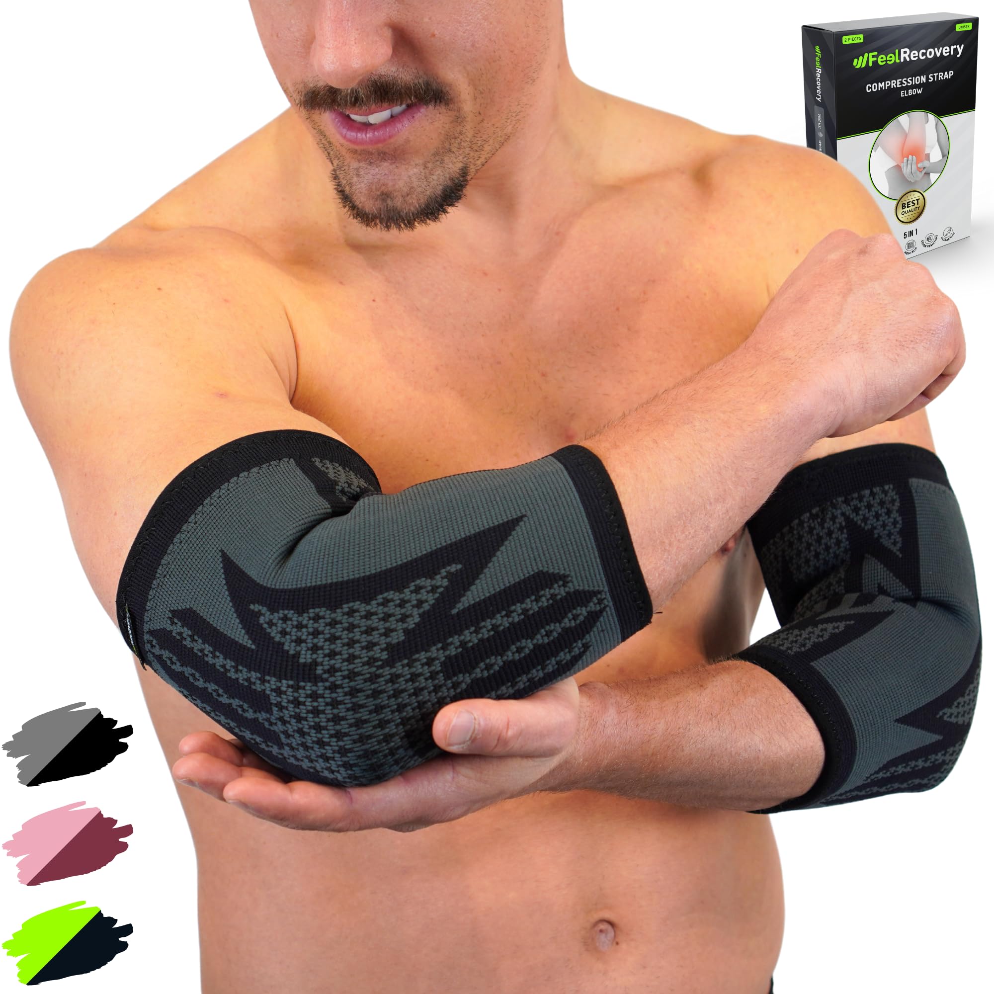 2 Coderas Deportivas de Compresión Hombre/Mujer - Coderas para Epicondilitis o Codo de Tenista y Tendinitis para Calistenia, Gym, Baloncesto - Transpirable y Antideslizante (Negro, Large)