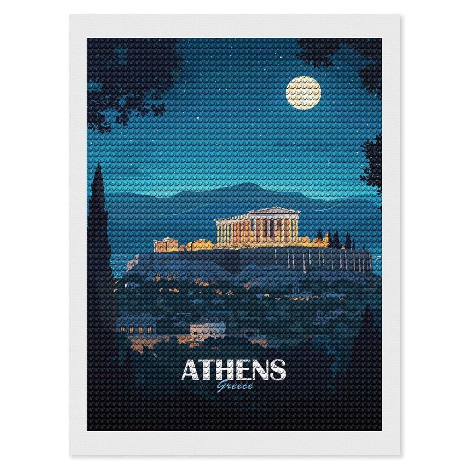 Junmoney Athens Greece Night Travel Diamond Painting Kit 12"x16", Adhesive Canvas, Home Wall Decor, for Beginners, Birthday Gift, Full Kit Included