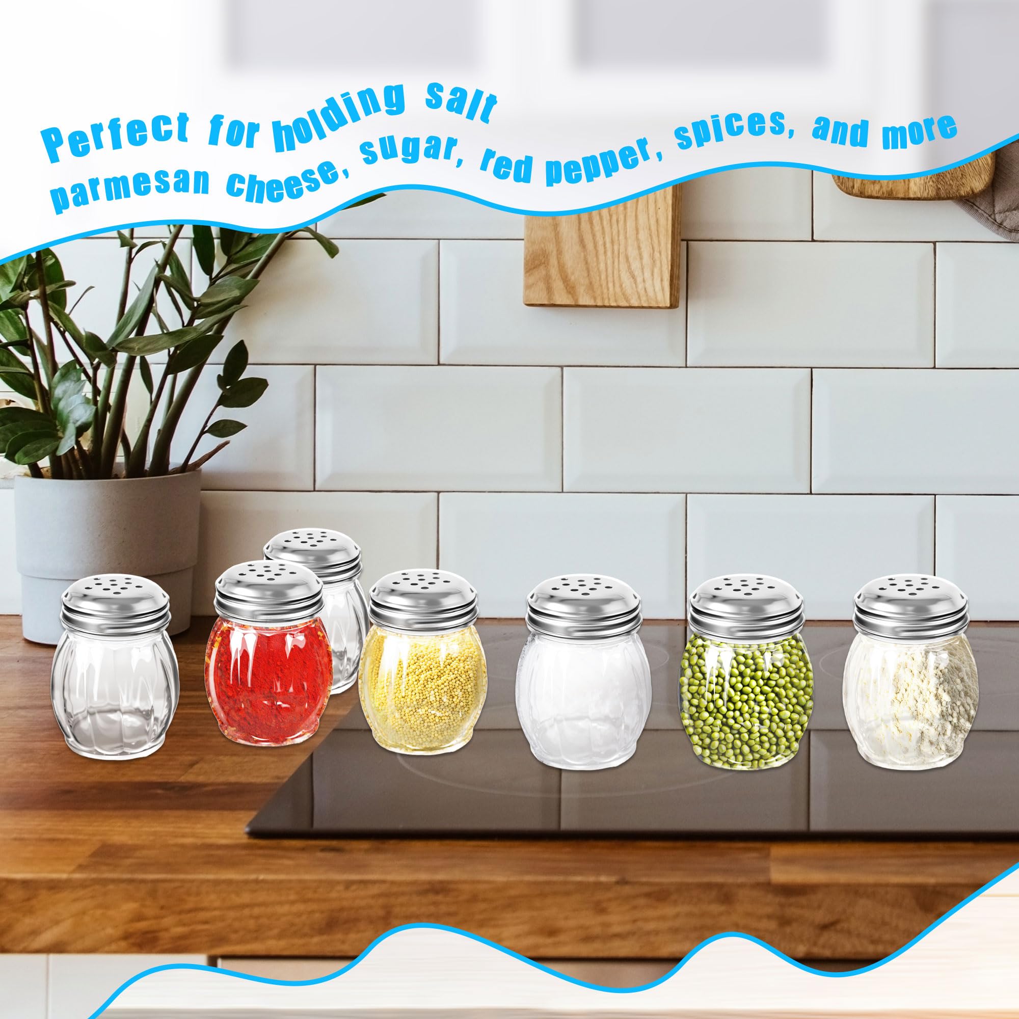 Paquete de 24 cocteleras de especias de vidrio de 6 onzas con tapa perforada de acero inoxidable transparente, salero y pimentero para el hogar, cocina, restaurante, suministros
