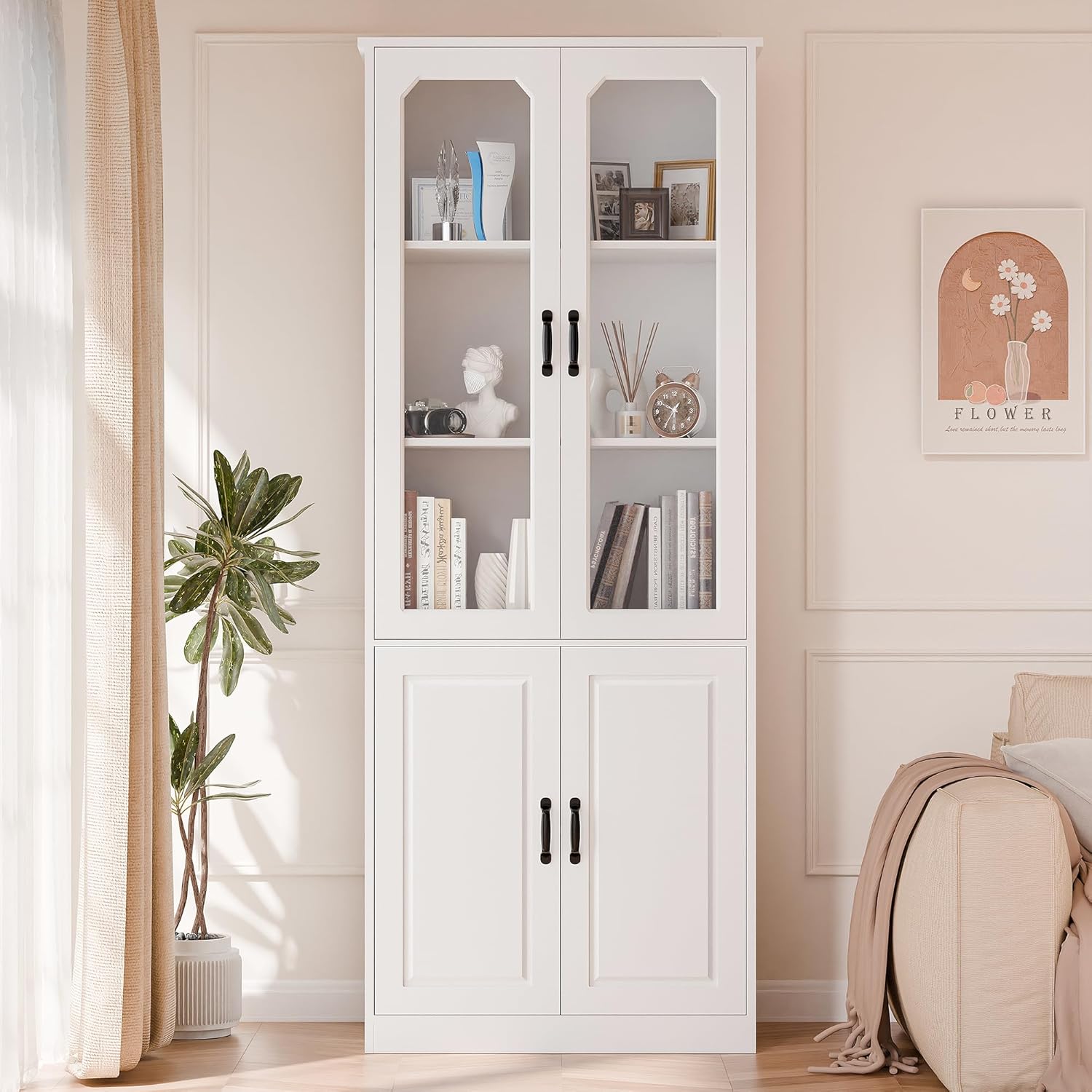 MU 78.7" Tall Kitchen Pantry with 2 Glass Doors, Freestanding China Cabinet with Adjustable Shelves, Large Kitchen Pantry Storage Cabinet Cupboard for Dining Room, Living Room, White (Large, 31.5" W)