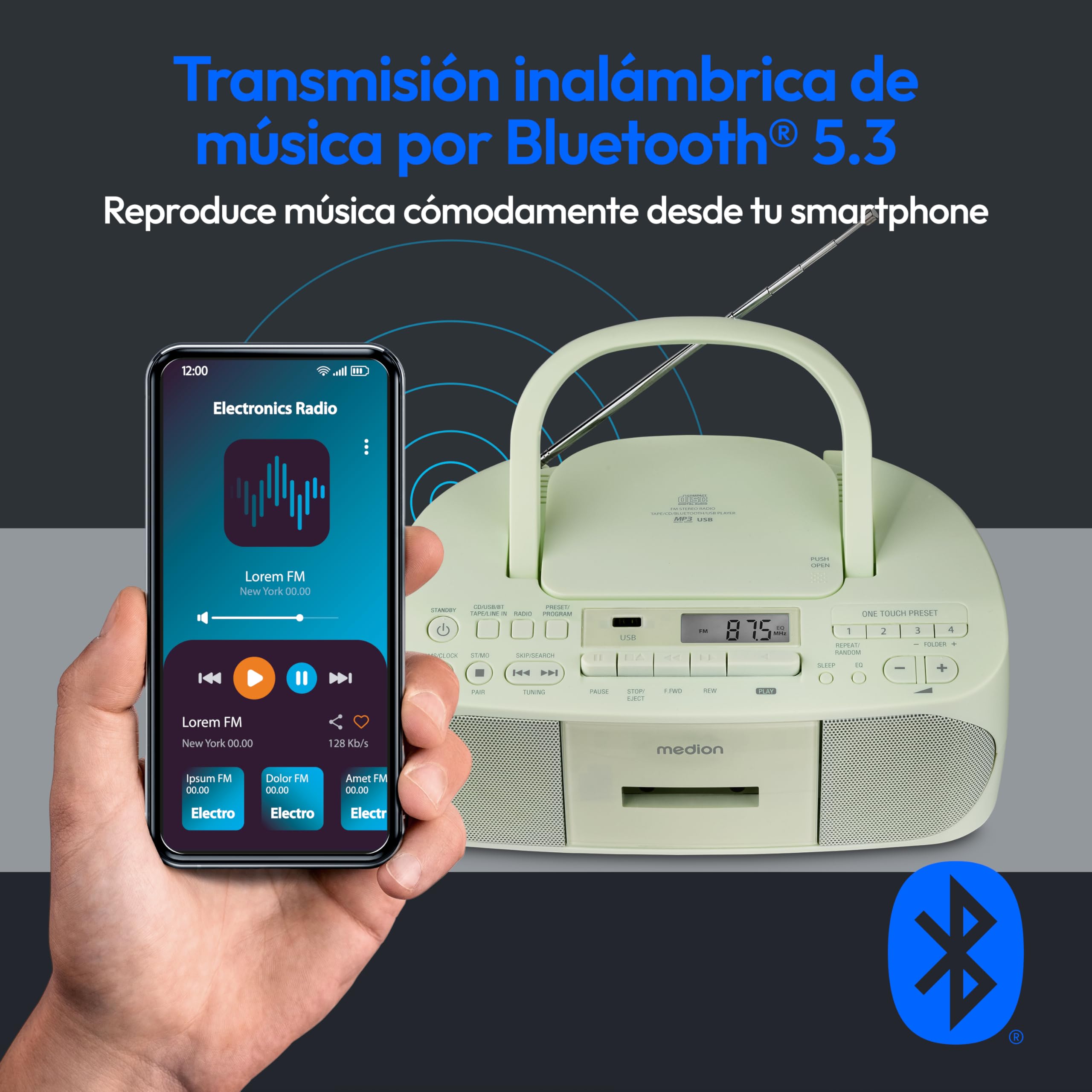 MEDION E65010 Radio estéreo (reproductor de CD, casete, conexión USB, entrada de audio AUX, reproducción MP3. Radio FM PLL, memoria para 40 emisoras, funcionamiento con pilas, mando a distancia) verde