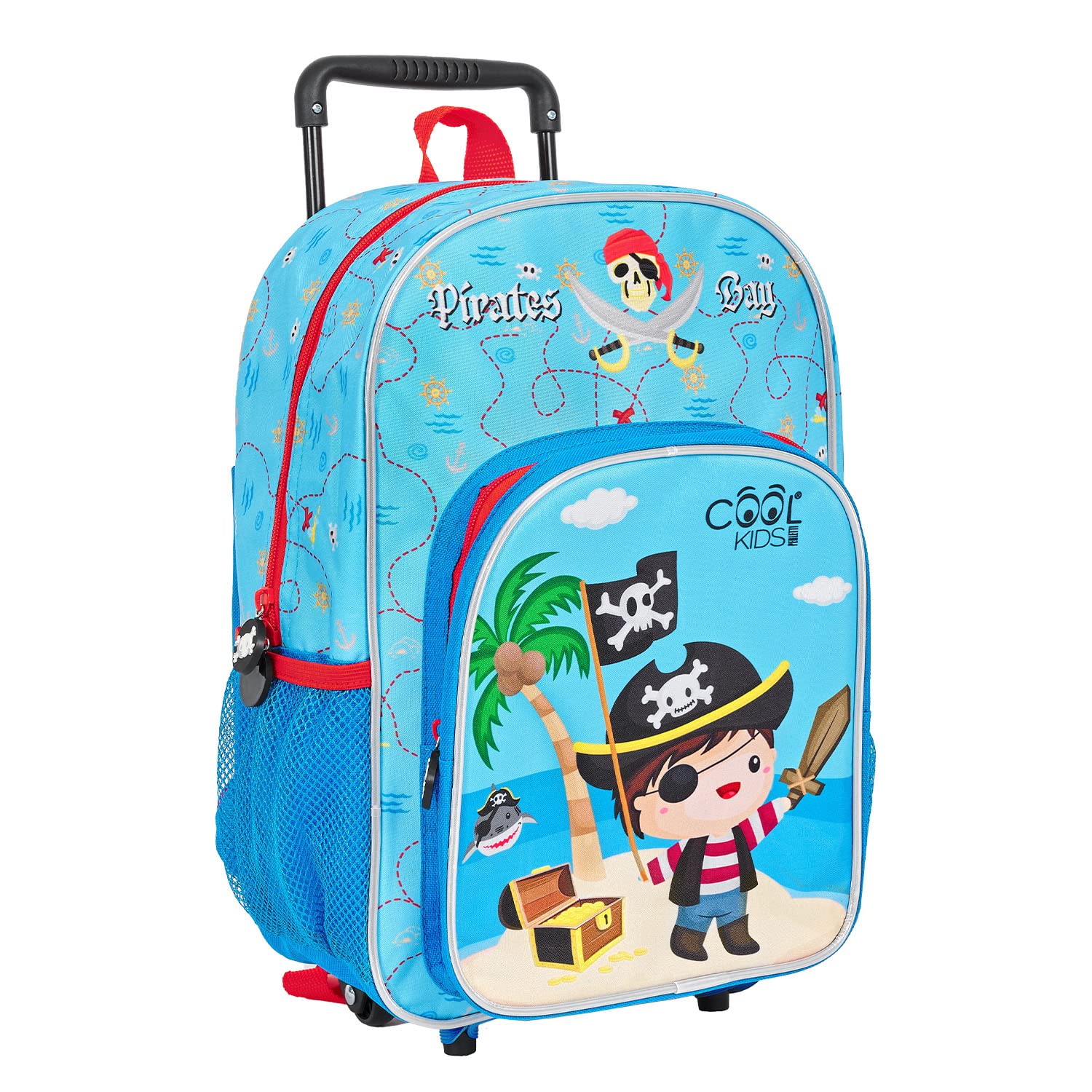 PERLETTI Mochila con Ruedas Niño con Piratas - Mochila Trolley Niño Azul con Carro Removible - Trolley Infantil Multicolor para Guardería Viaje Correas Ajustables - Cool Kids - 36x25x15cm (Pirata)