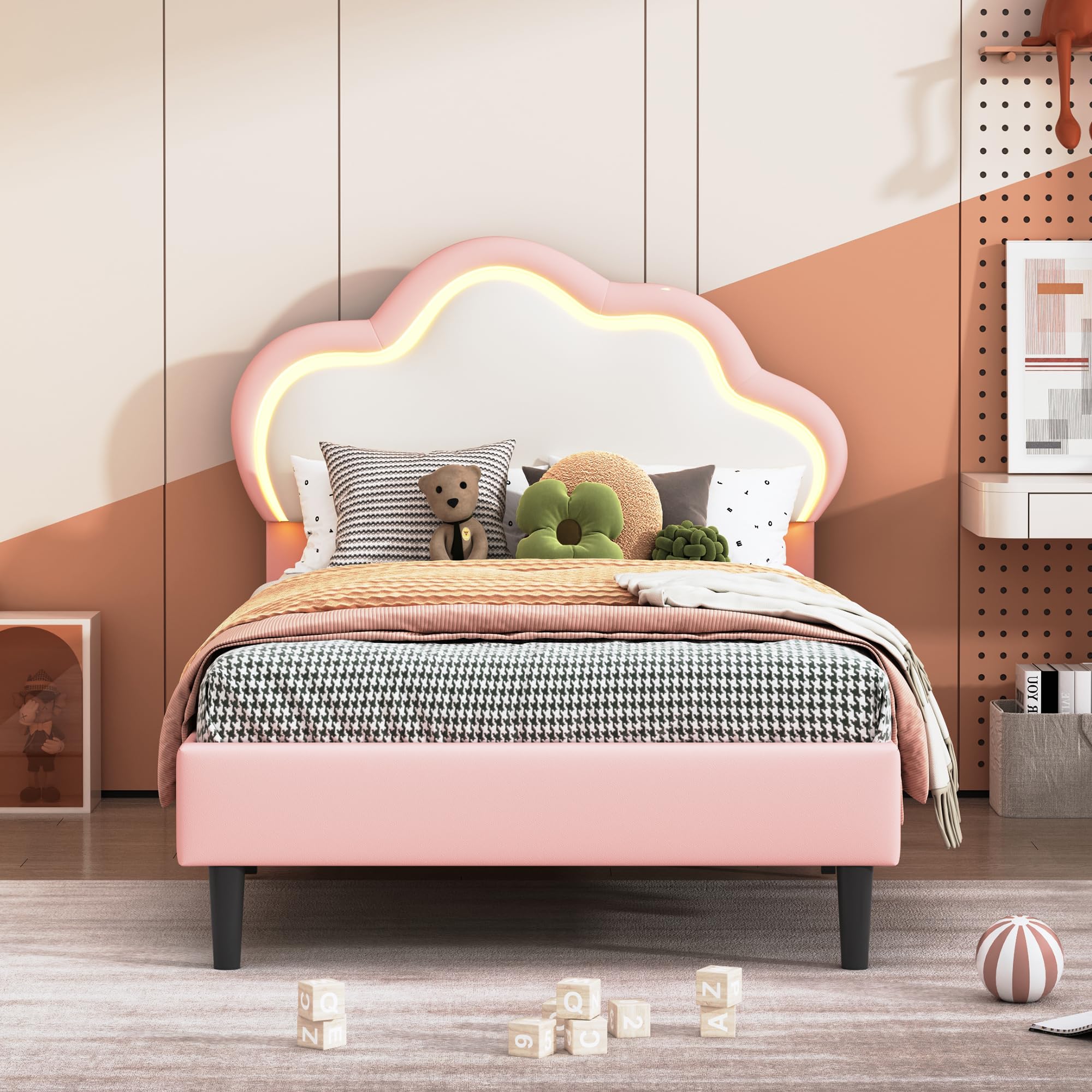 Gestoffeerd bed 90 x 200 cm met opbergruimte, bed met 2 laden, prinsessenbed in kroonvorm, verstelbaar hoofdeinde, PU, roze