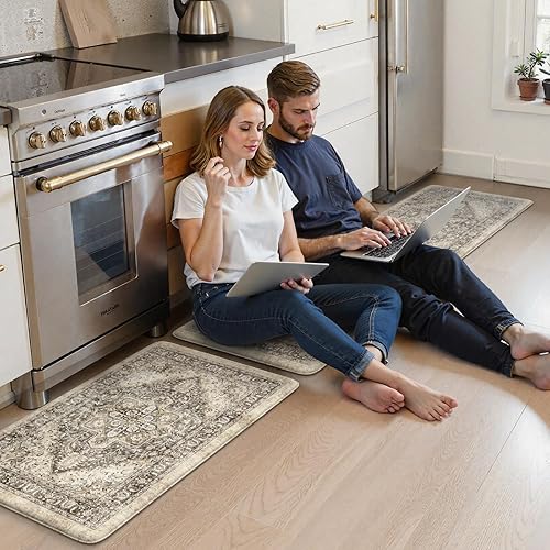 Vista 220 de KIMODE - Juego de 2 tapetes de cocina antifatiga, estilo vintage, antideslizantes, impermeables, ergonómicos, acolchados, cómodos para lavandería