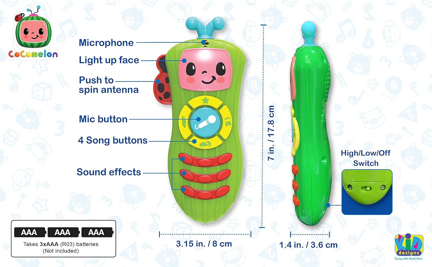 eKids Cocomelon Toy Remote Control for Toddlers, Musical Toy with Built-in Microphone and Nursery Rhymes for Children, for Fans of Cocomelon Toys and Gifts
