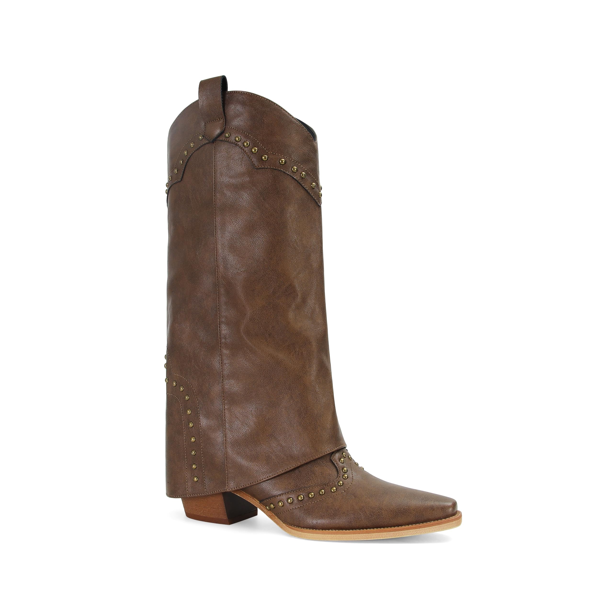 Fold Over Shark Boots for Women Snip Toe Chunky Heel Wide Calf Cowboy Boots Studded Pull On Classic