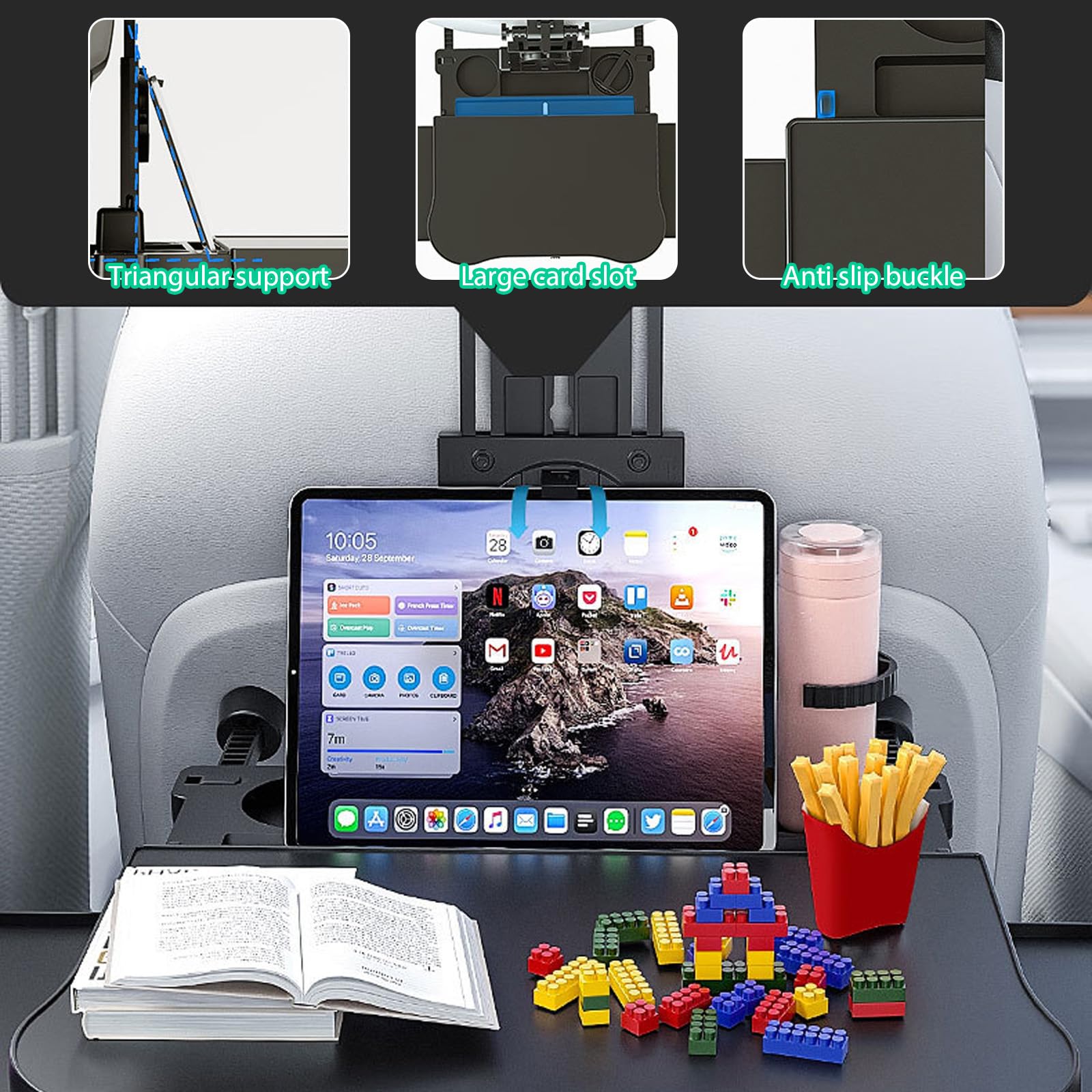 Tavolino Auto, Vassoio del Sedile Posteriore 'Automobile con Portabicchieri e Supporto, Pieghevole, Telescopico, per Viaggi, Lavoro, Cibo (Portata 20kg)