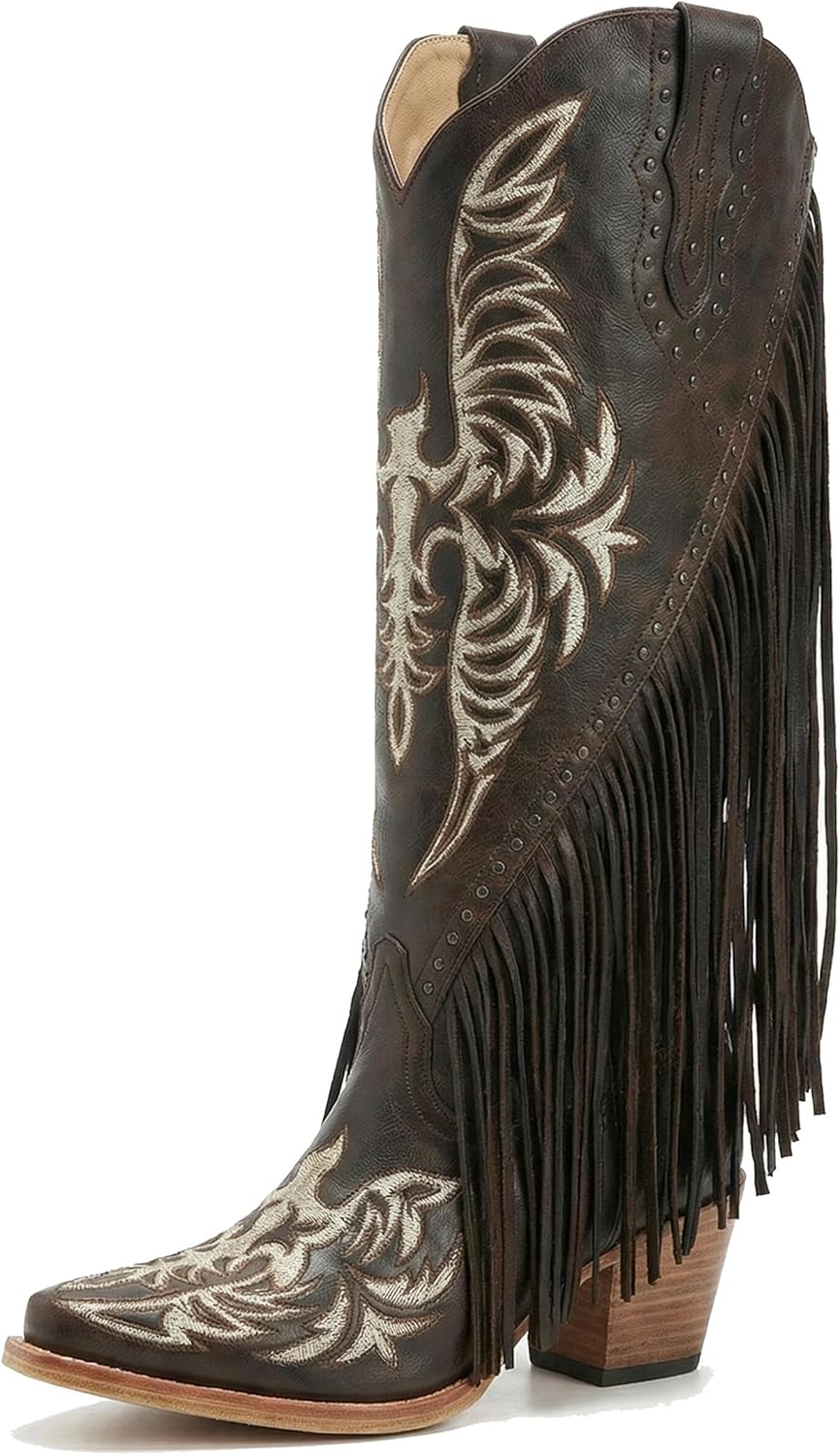 Women’s Cowgirl Western Boots with Fringe – Faux Leather Embroidered Knee High Cowboy Boots, Pointed Toe, Mid Heel