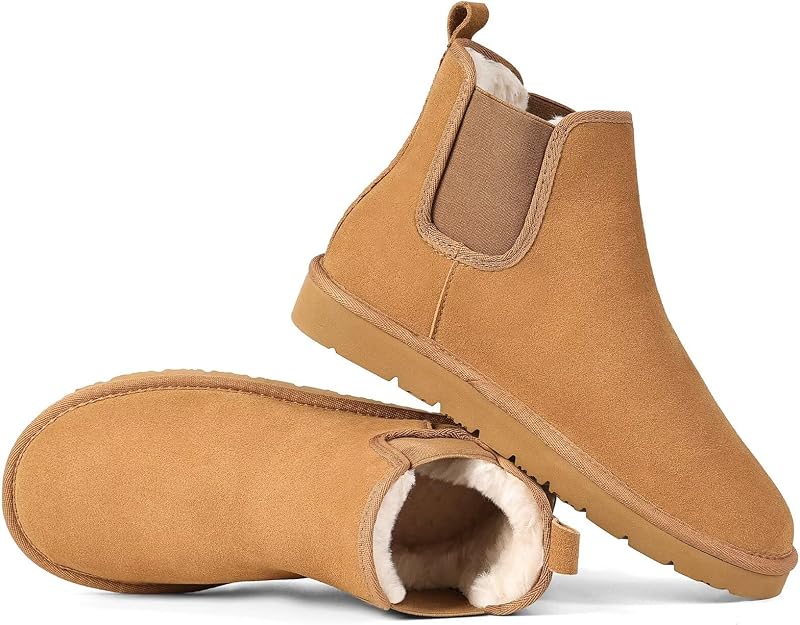 Chelsea Boots Women Warm Comfort Anti-slip Ankle Snow Fuzzy Fall Winter Short Boots for Outdoor Indoor Brown