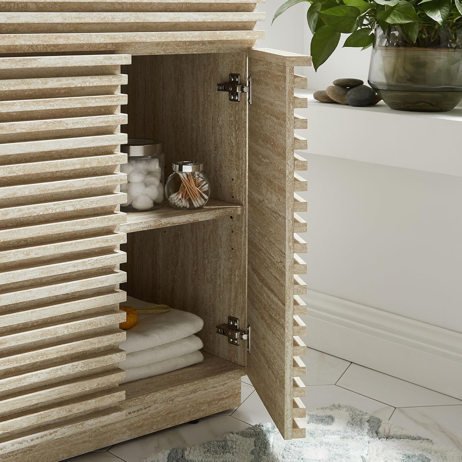 Modway Render Faux Travertine Slatted Bathroom Cabinet in Travertine