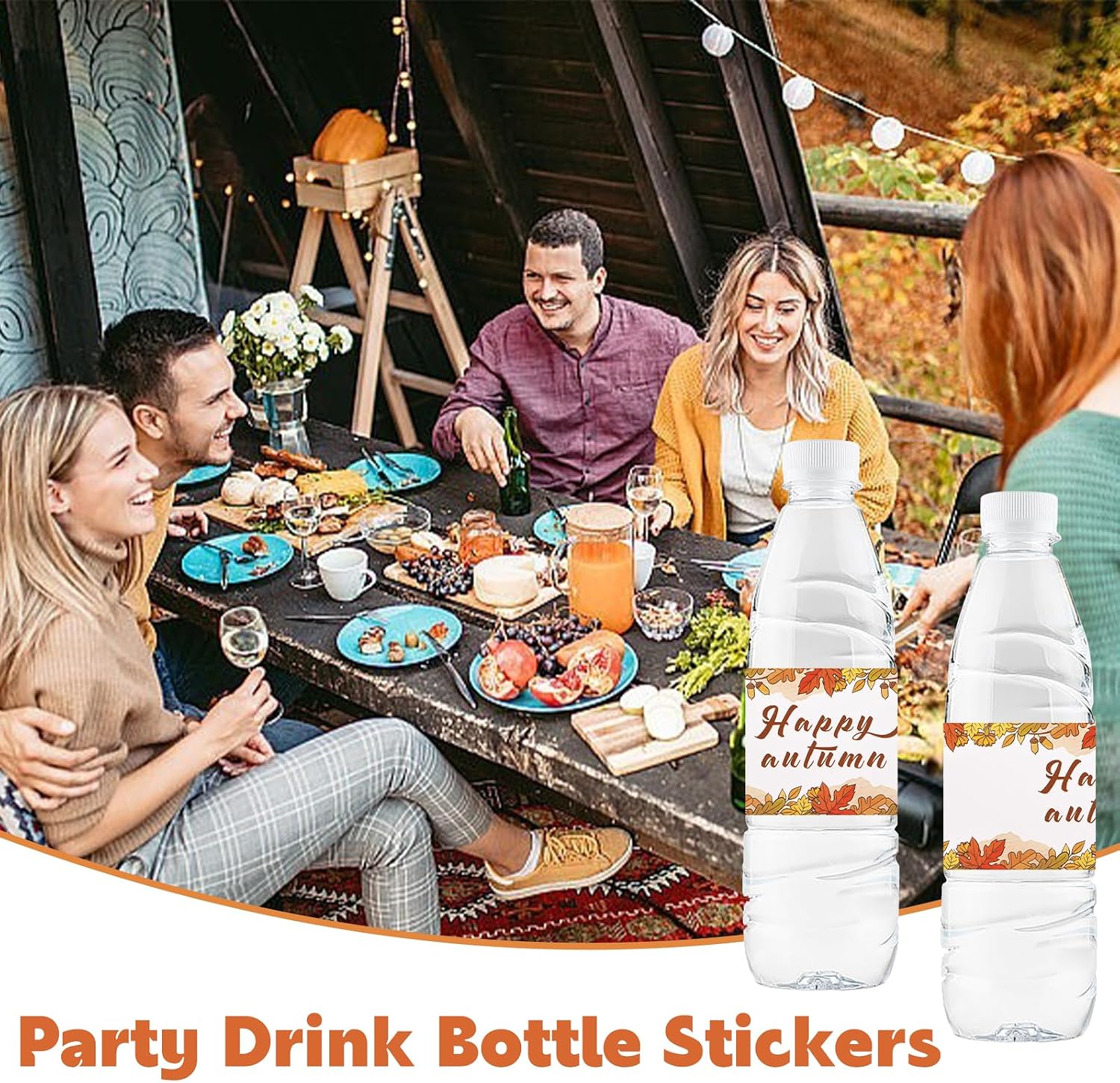 50pcs Autumn Water Bottle Labels, Happy Autumn Self Adhesive Stickers Wrappers Wrap Around Party Decoration Stickers for Thanksgiving Day Party Decoration