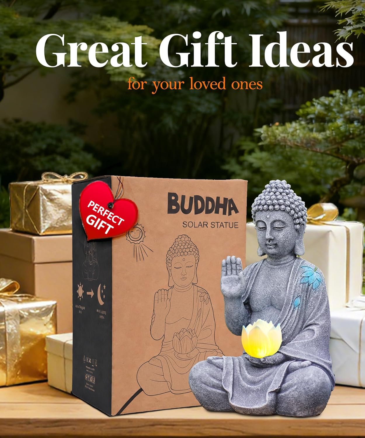 Nacome Solar Buddha Garden Statues with Lotus Flower: Resin Zen Decor Waterproof Sculpture Outdoor Light Design for Outside Patio Lawn Yard Balcony - 10.6 inches(Grey)