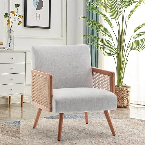 Miniatura 8 de Silla decorativa con brazos de ratán, silla moderna tapizada de mediados de siglo para dormitorio, sala de estar, sillas de lectura, sillón de