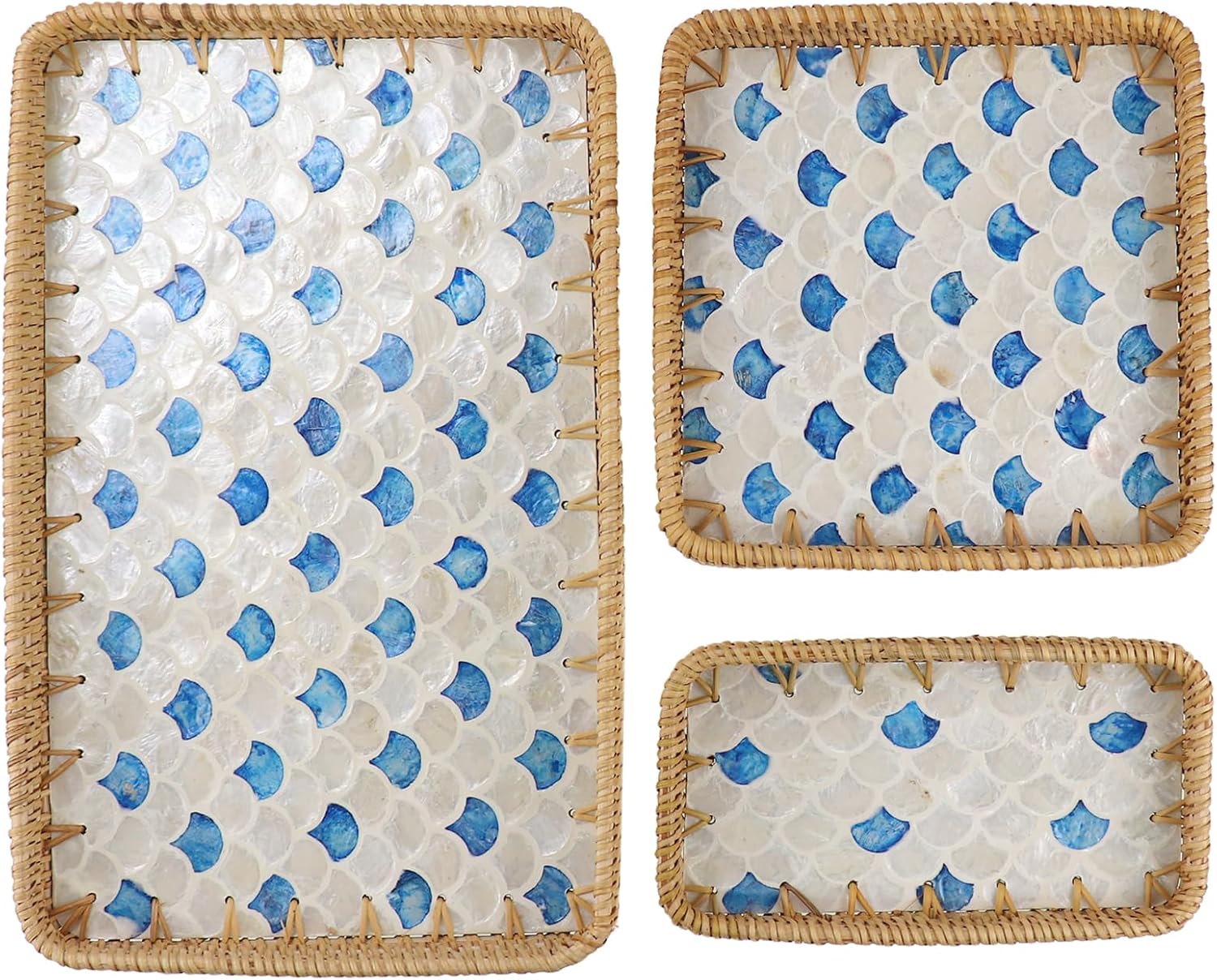 3 Pcs Rectangle Rattan Tray with Mother of Pearl Inlay, Handwoven Wicker Serving Tray with Wooden Base for Frui Breakfast Bread Coffee Table Party Picnic Cafe Kitchen Home Decor (Blue White Scales)