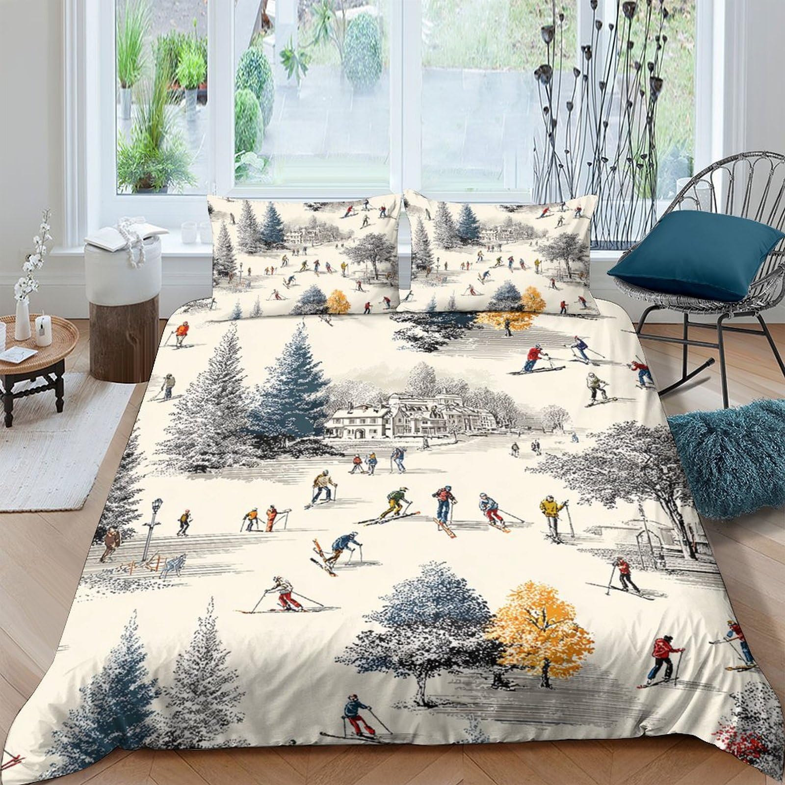 Ctjqhvkz Style-1 3D Printed Winter Ski Landscape Fitted Sheet Microfiber Soft Breathable Snow Forest Mattress Cover For Bedroom Guest Room Decor Single（135X200cm）