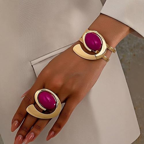 Miniatura 4 de Juego de joyas abiertas de oro vintage para mujer, pulsera, anillo y aretes, forma ovalada exagerada, juego de moda hipoalergénico delicado bohemio