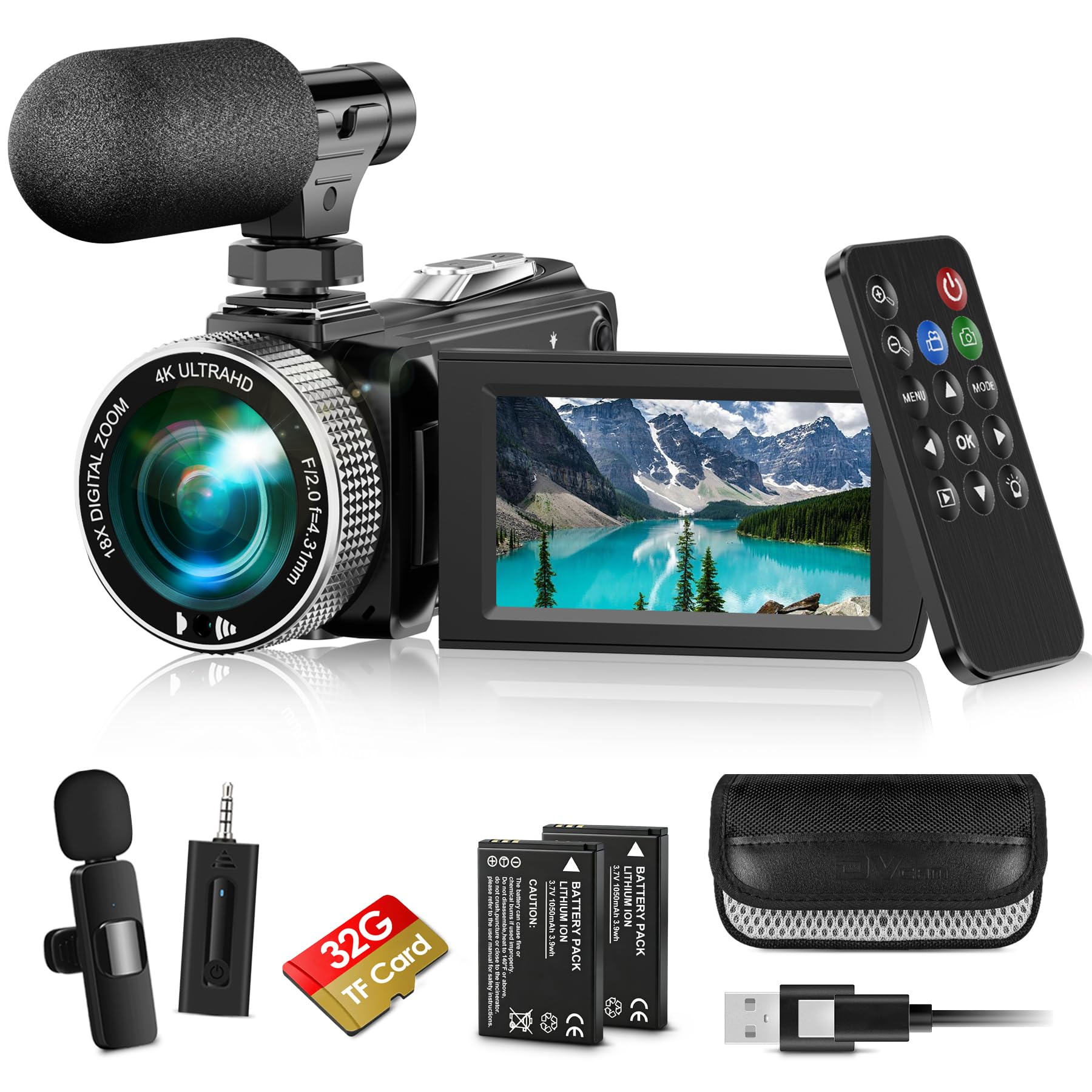 4K Video Camera Camcorder Mini Mic 48MP 60FPS UHD Vlogging Cameras for YouTube 18X Digital Zoom 3.0''IPS Screen Camera with 32GB Card, Wireless Lavalier Microphone, Remote, 2 Batteries-picture-30