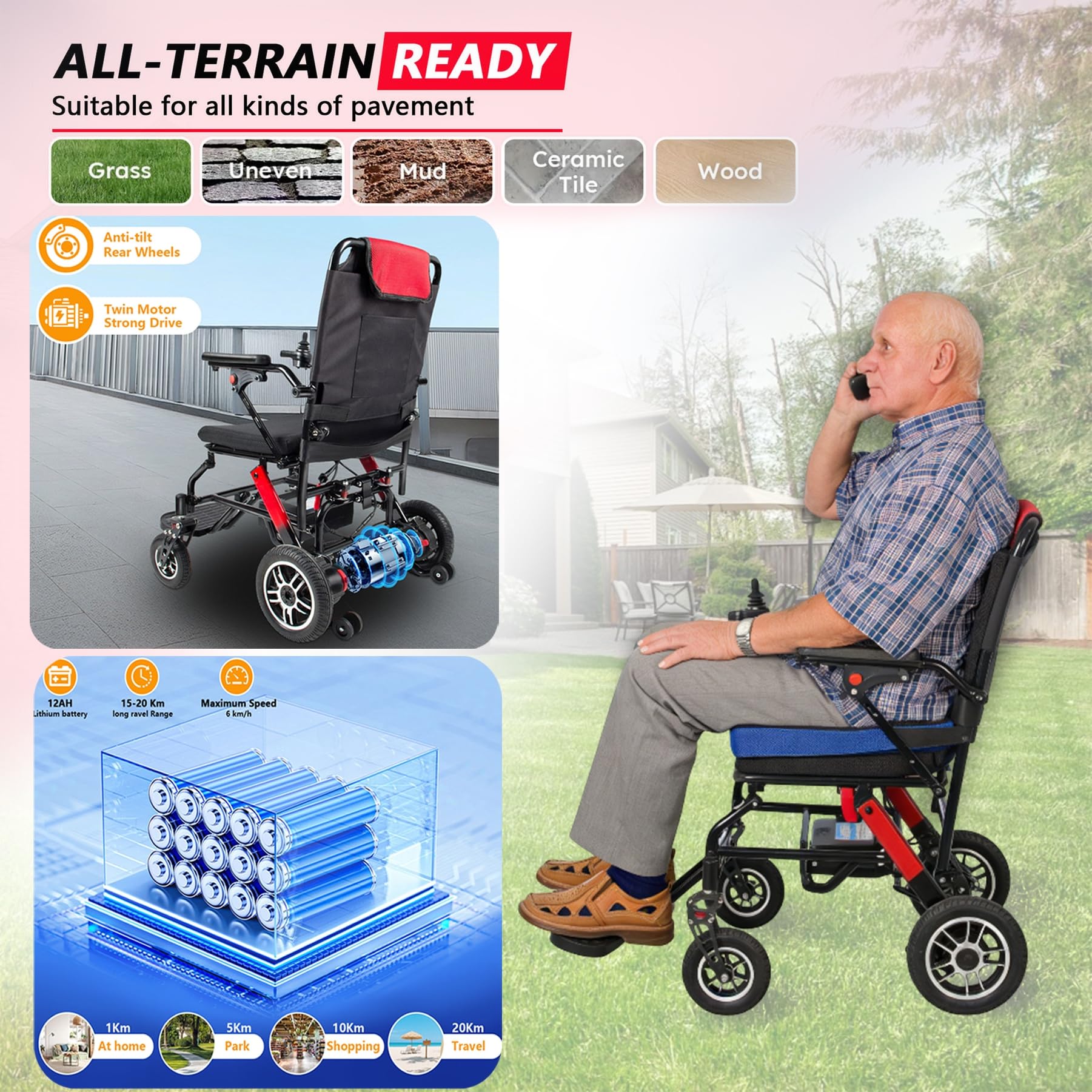 Silla De Ruedas Eléctrica Todoterreno para Adultos Capacidad De 100 Kg Alcance De 12 Millas Silla De Ruedas Eléctrica Plegable Con Suspensión Avanzada para El Hogar Y Salidas