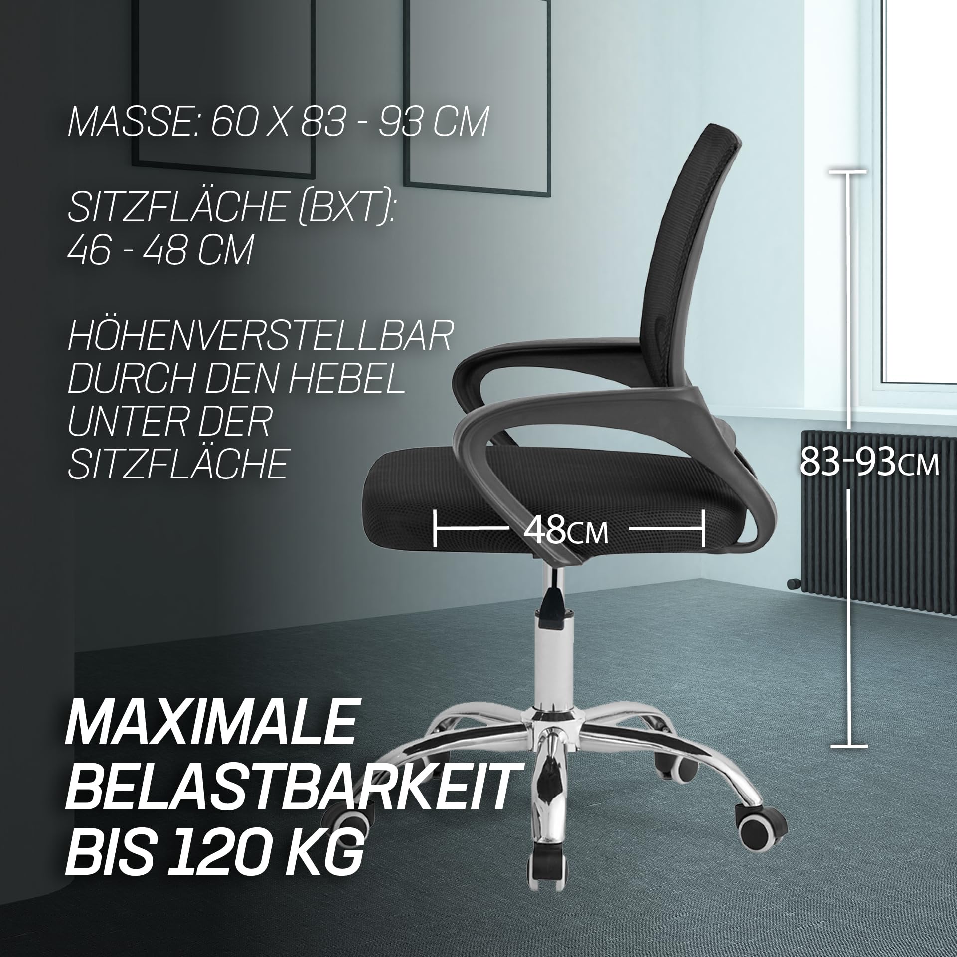 MUWO Director - Sedia girevole da ufficio, ergonomica, regolabile in altezza, tessuto a rete traspirante, piedini in metallo stabili, seduta ottimale per lavori lunghi e uffici domestici (nero)
