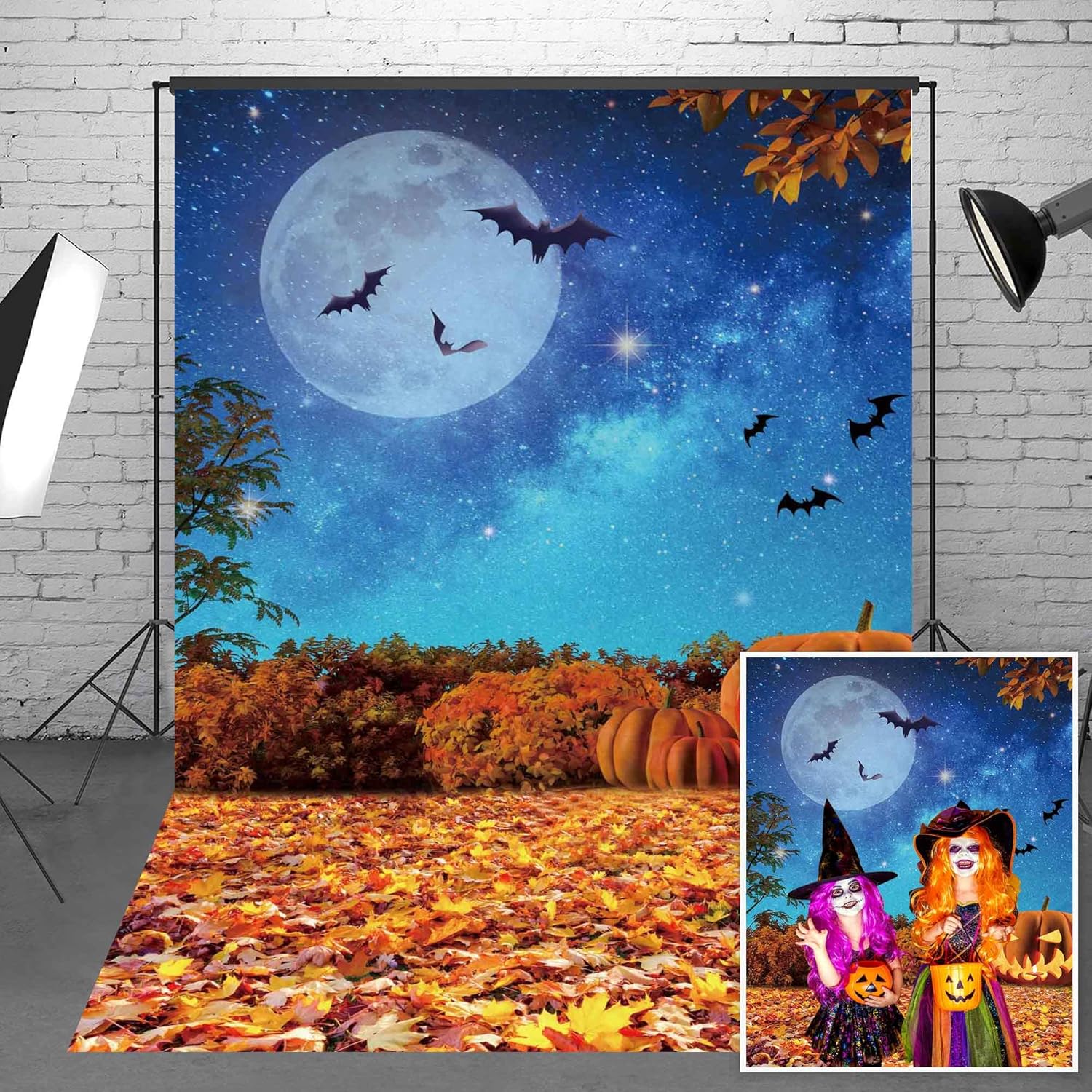 8x10ft Polyester Fabric Halloween Backdrop Moonlight Pumpkin Fallen Leaves Photography Background for Birthday Baby Shower Trick or Treat Party Decoration Banner Photo Studio Props
